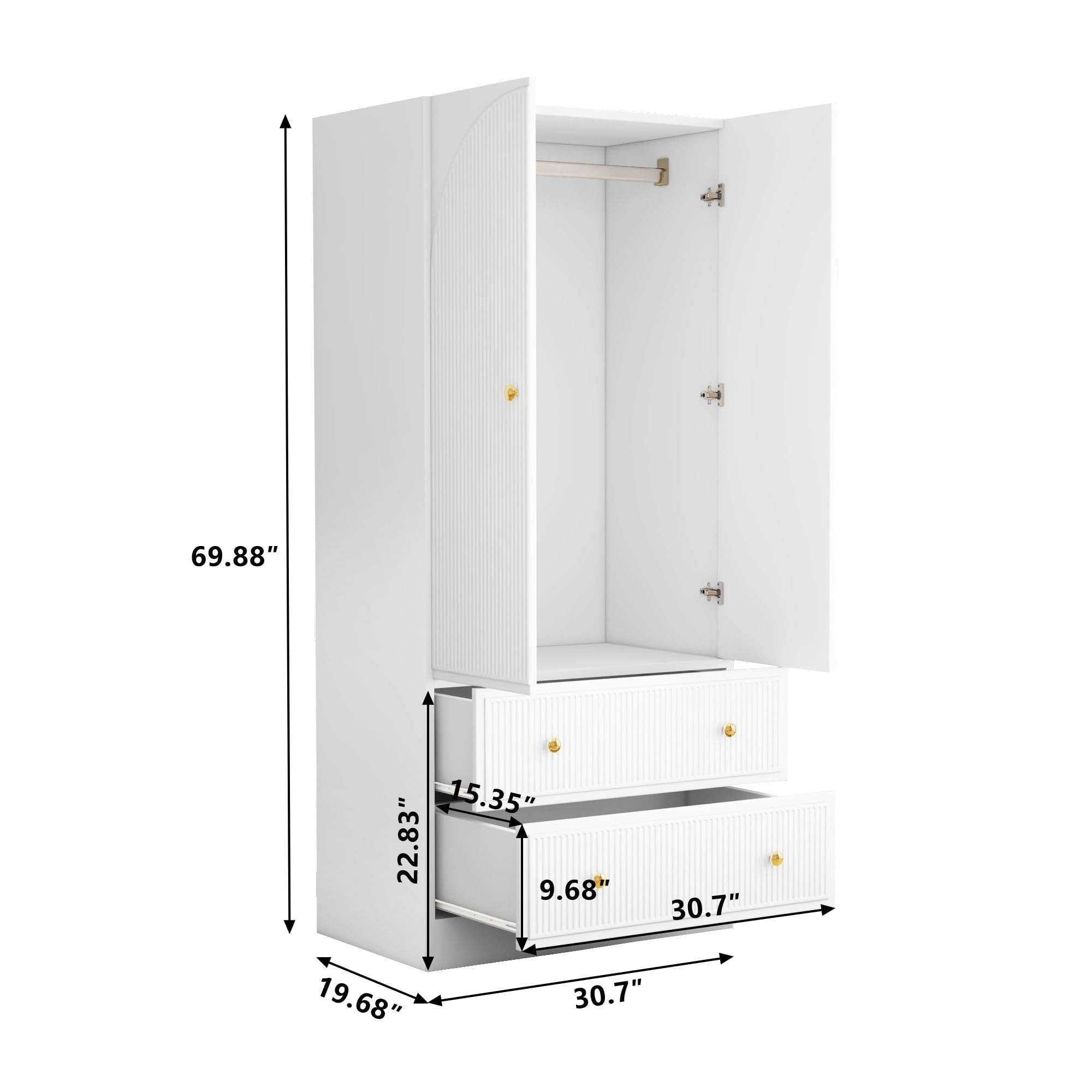 QHITTY Freestanding Bedroom Armoire Wardrobe - White Closet Organizer with 2 Doors, Clothing Rod & 2 Drawers for Clothes Storage | Perfect for Bedroom, Living Room & Dorm Organization