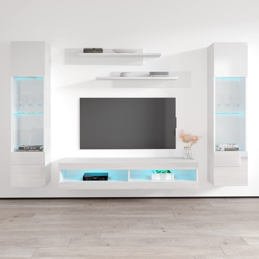 Modern Floating TV Stand with Storage & LED Lights - Wall-Mounted Entertainment Center Console for Bedroom & Living Room - White TV Cabinet with Shelves (Perfect for Small Spaces & Home Theater Setup)
