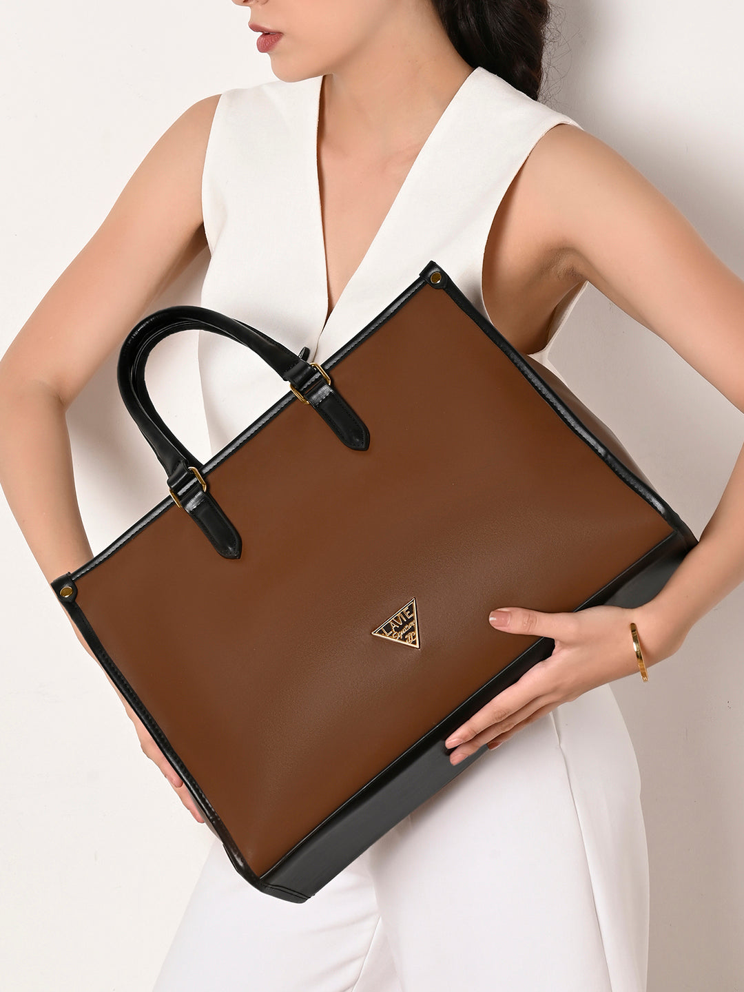 Lavie Signature Madisson Large Dark Tan Women's Box Tote Bag - Stylish & Spacious Handbag for Work, Travel & Everyday Use