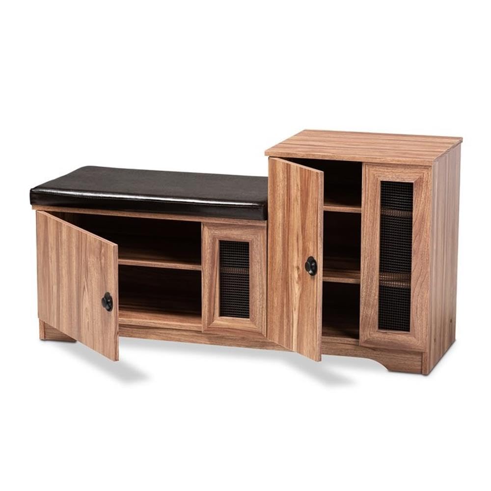 BOWERY HILL Brown Faux Leather 2-Door 5-Shelf Wooden Shoe Storage Bench with Seat - Organize Shoes, Hats & Accessories in Entryway, Bedroom or Closet
