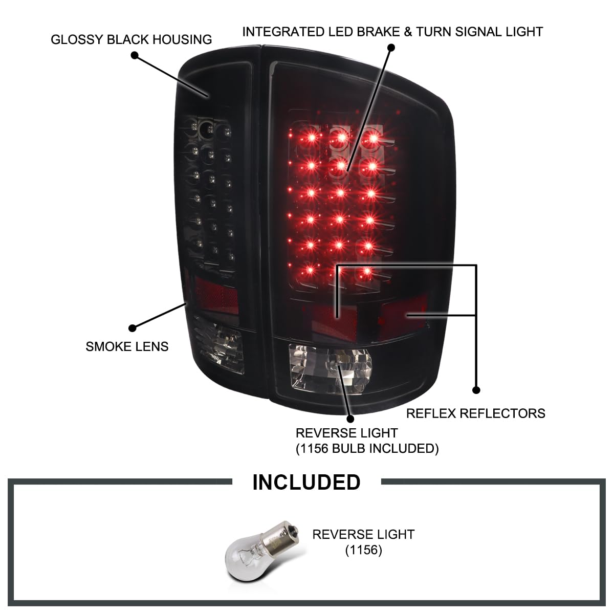 Spec-D Tuning Glossy Black Smoke LED Tail Lights for 2007-2008 Dodge Ram 1500 & 2007-2009 Ram 2500/3500 - Left & Right Pair Assembly - Enhanced Visibility & Style for Night Driving & Custom Truck Upgrades