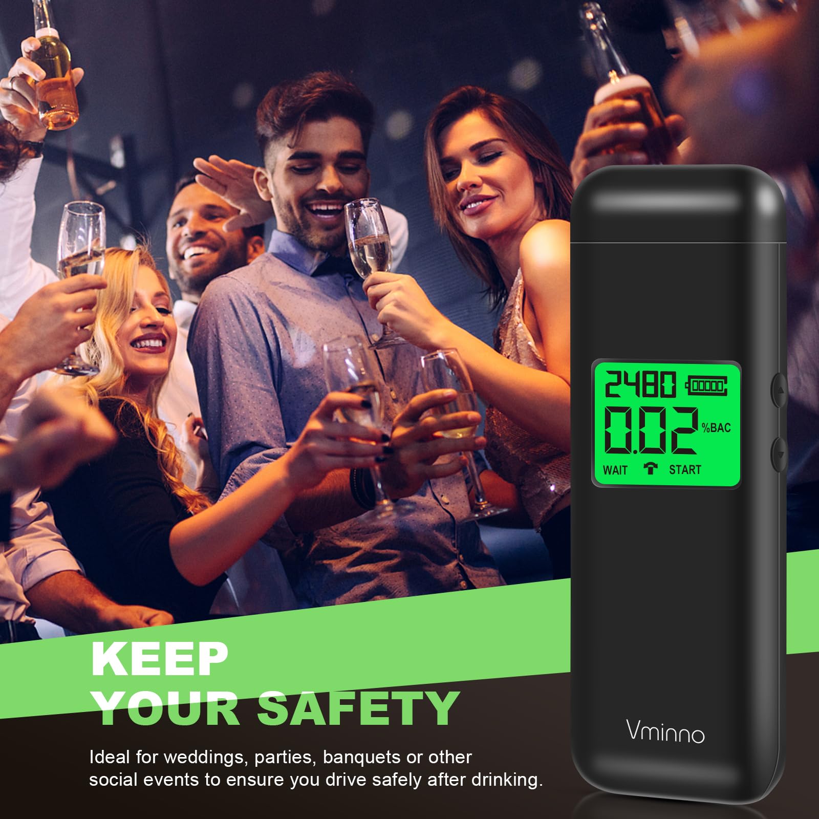 Vminno Professional Rechargeable Breathalyzer - High Accuracy Alcohol Tester with Memory & Warning Function, Includes 10 Mouthpieces - Perfect for Home Safety, Workplace Testing & Personal BAC Monitoring