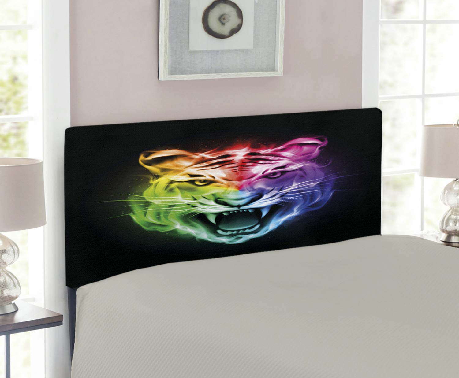 Ambesonne Tiger Headboard - Multicolor Abstract Large Feline Design with Rainbow Spectrum, Upholstered Decorative Metal Bed Frame with Memory Foam, Twin Size - Perfect for Kids' Room, Jungle Themed Bedroom or Unique Home Decor