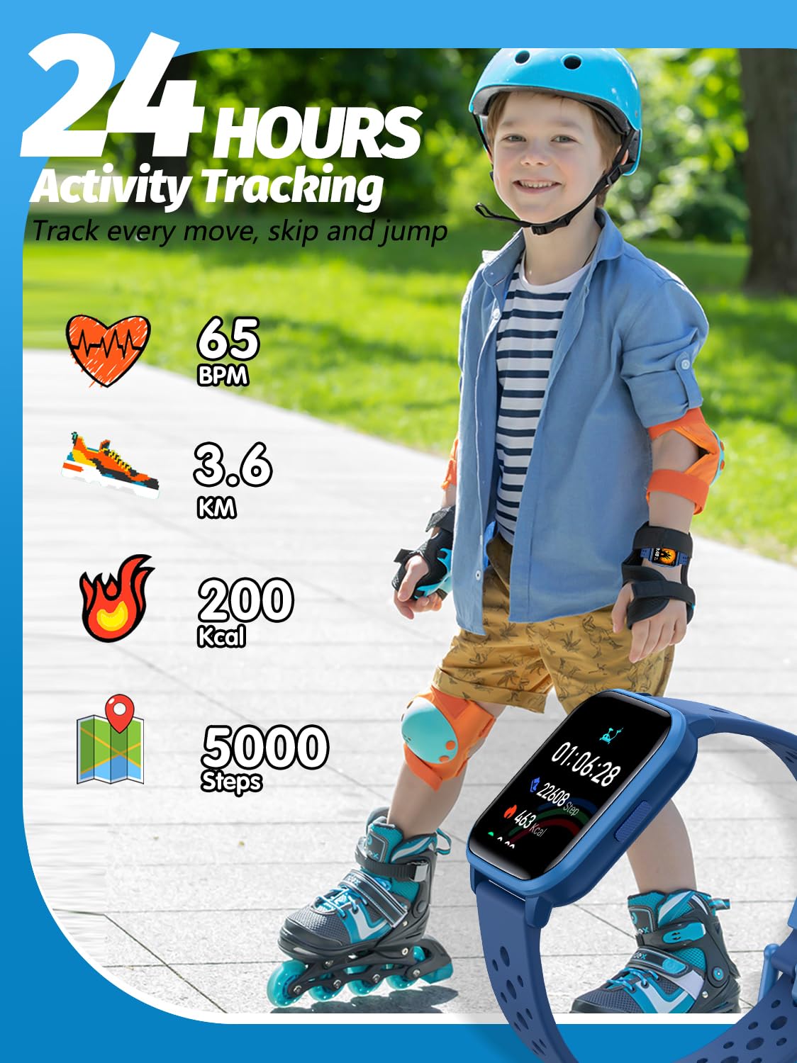 Kids Smart Watch for Boys & Girls Ages 4-16 - Waterproof Fitness Tracker with 19 Sports Modes, Sleep Monitor & Pedometer - Perfect Birthday Gift for Kids (Blue) - Ideal for School, Outdoor Activities & Daily Health Tracking