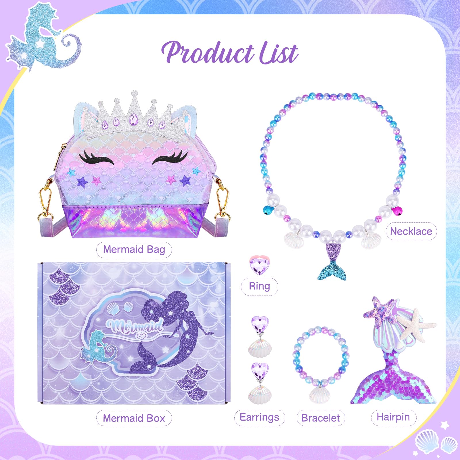 Belle&Birdie 6Pcs Little Girl Purse Set - Toddler Pretend Play Accessories with Dress Up Jewelry & Play Toys for Kids | Perfect for Birthday Gifts, Tea Parties & Dress-Up Games