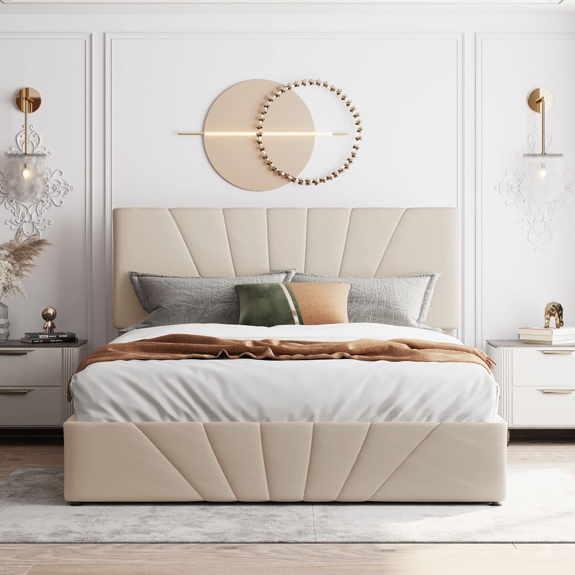 Merax Queen Size Upholstered Platform Bed with Storage - Upholstered Headboard & Hydraulic Lift System - Beige Bed Frame for Small Space Bedroom - Perfect for Guest Rooms, Apartments and Dormitories