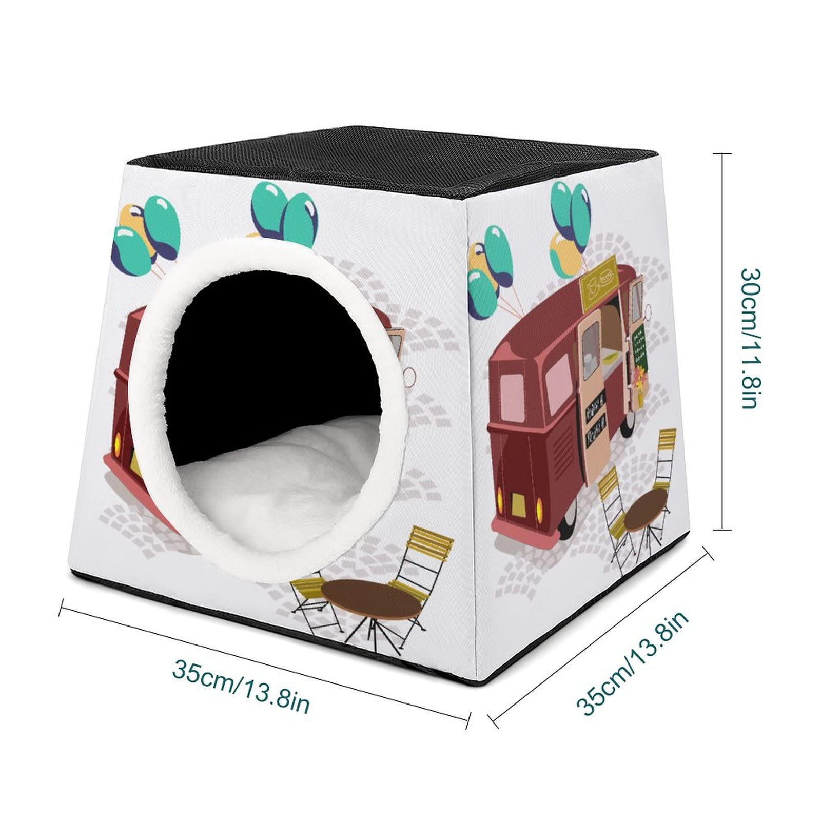 Printed Cat Cube Kitty House - Indoor Cat Bed & Small Dog Shelter, Warm Cozy Pet Sofa with Food Truck Illustration - Perfect for Pet Naps, Playtime & Home Decor