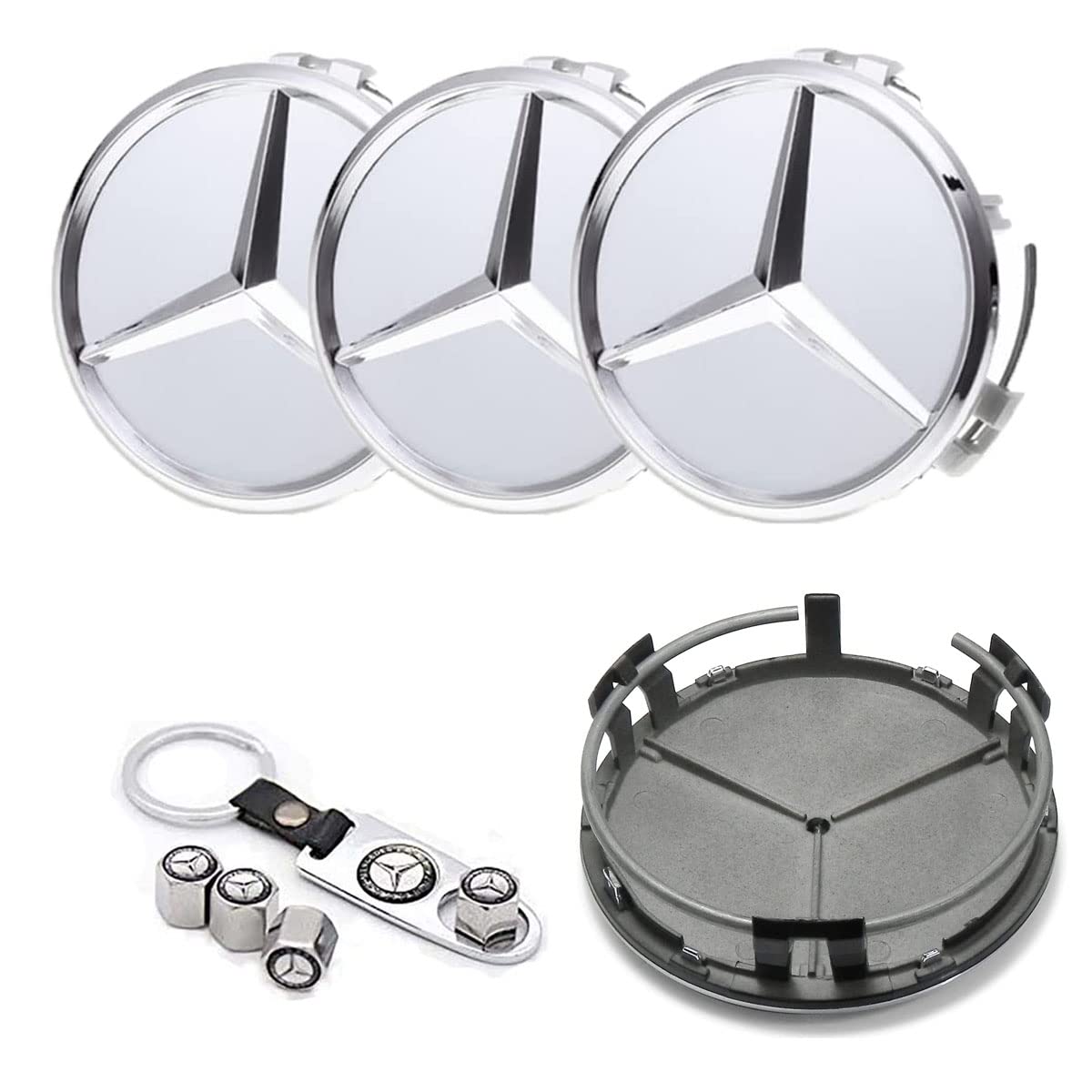 75mm (2.95 Inch) Silver Alloy Wheel Center Hub Caps Set for Mercedes Benz - Includes 4PCS Tire Valve Covers & 1PC Keychain - Perfect for Car Customization, Wheel Protection & Luxury Vehicle Enhancement