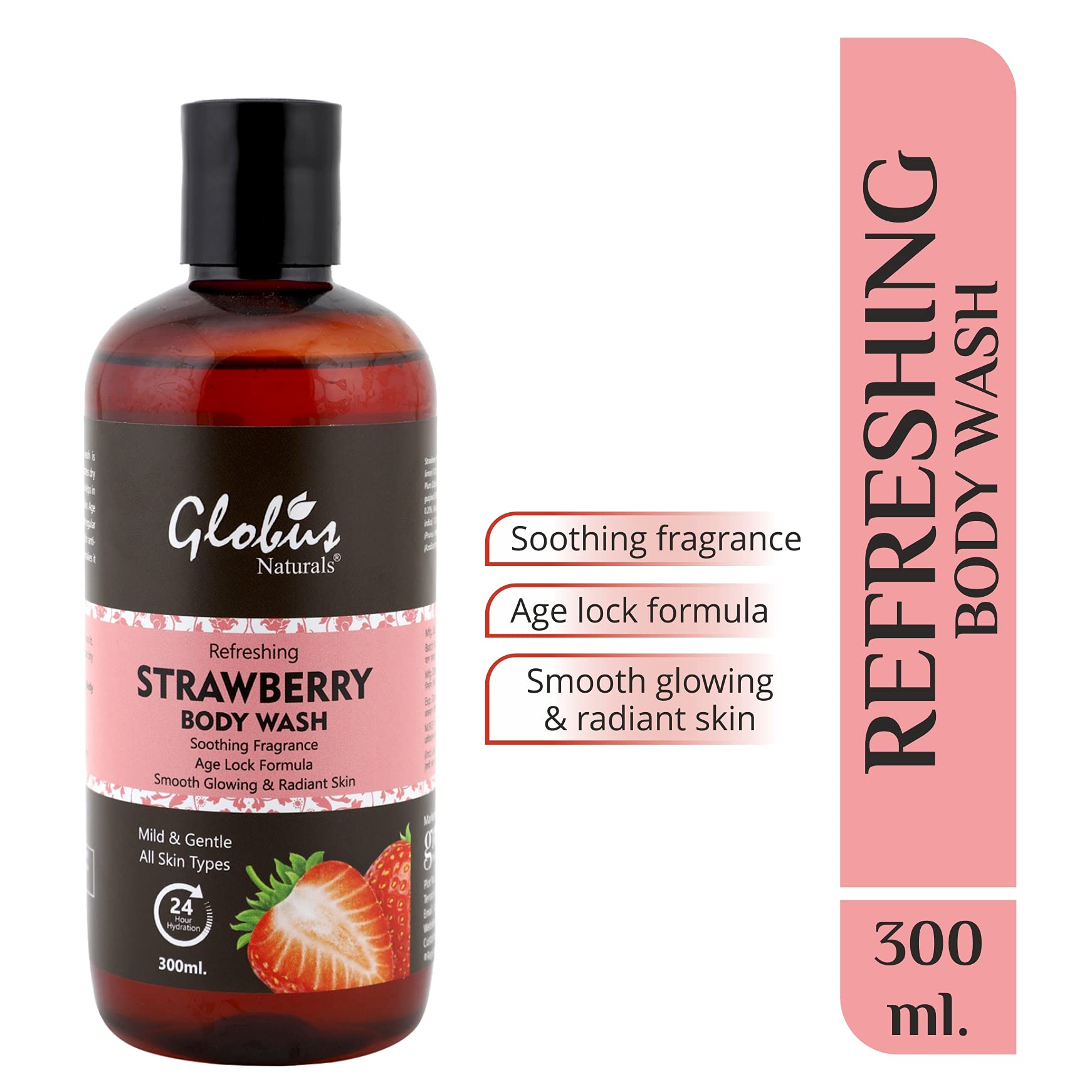 Globus Naturals Refreshing Strawberry Body Wash 300ml - Hydrating & Moisturizing Shower Gel for Soft Skin - Perfect for Daily Use & Spa Days