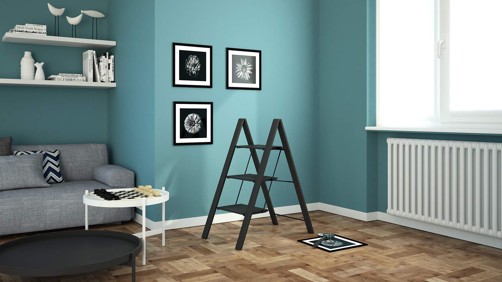 Colombo Leonardo 3 - Anodized Aluminum Step Ladder, 3 Steps, 150kg Max Load, Black - Perfect for Home, Garage & Workshop Use