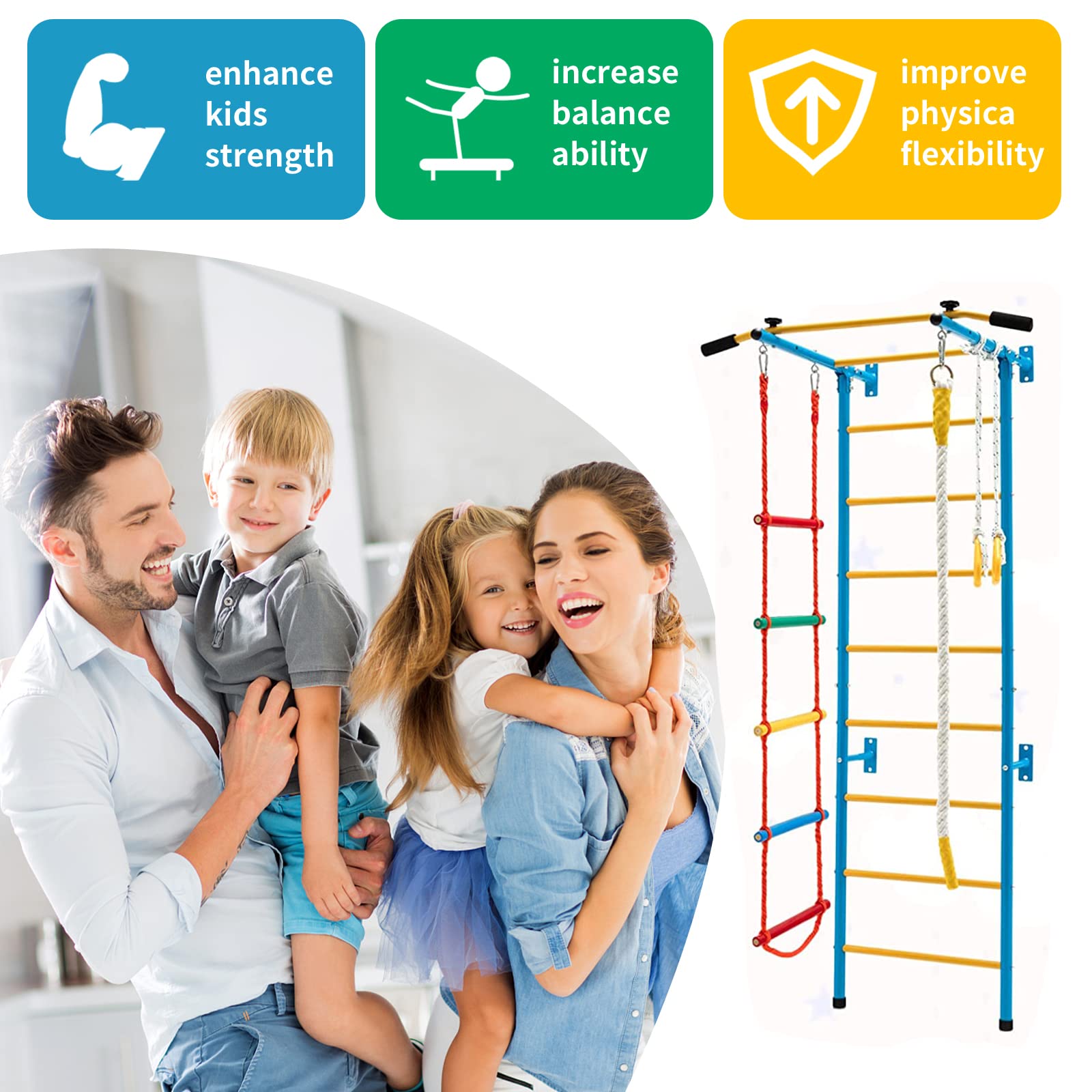 Tongmo Kids Climbing Toys - Indoor Metal Gym Set for Exercise & Play | Includes Rope Ladder, Pull-up Bar, Wall Ladder, Gymnastic Rings | Perfect for Home Playrooms, Backyard Fun & Toddler Physical Development