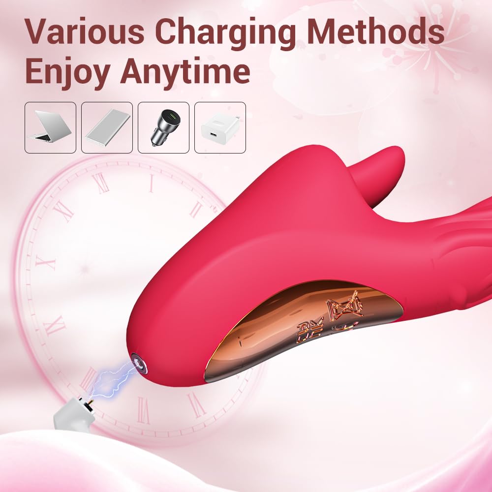 7-Speed G Spot Vibrator & Rabbit Tongue Dildo - Dual Stimulation Adult Sex Toy for Women with Realistic Thrusting & Flapping Motion - Perfect for Solo Play & Couples Foreplay (Red)