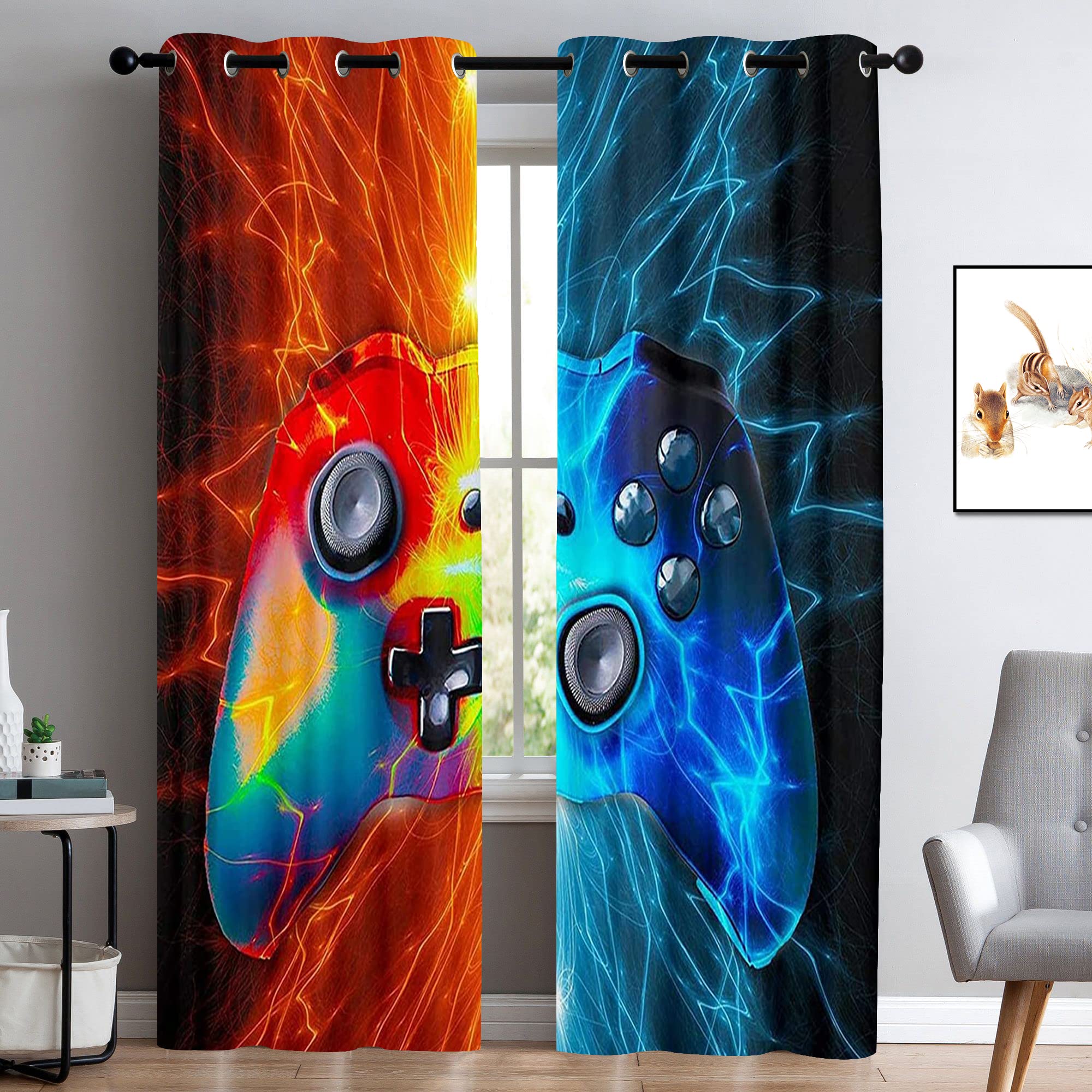 Gamer Room Blackout Curtains for Boys & Teens - Video Game Controller Design Thermal Insulated Window Drapes (2 Panels) - Perfect for Bedroom, Living Room & Gaming Setup
