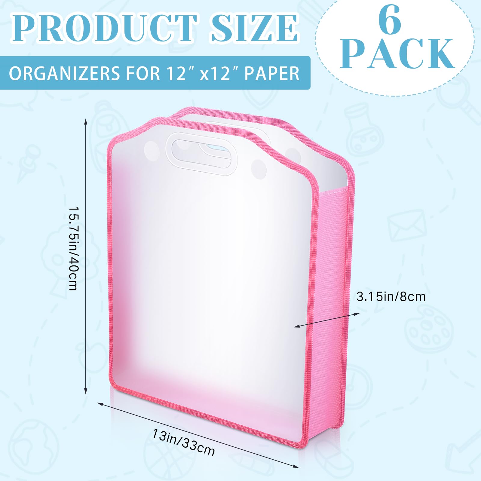 PerKoop 6-Pack 12x12 Inch Scrapbook Paper Organizer - Clear Expandable Craft Storage with Handle & Button Closure for Scrapbooking, Card Making, Art Supplies (Pink) - Perfect for Home, Office & Craft Room Organization