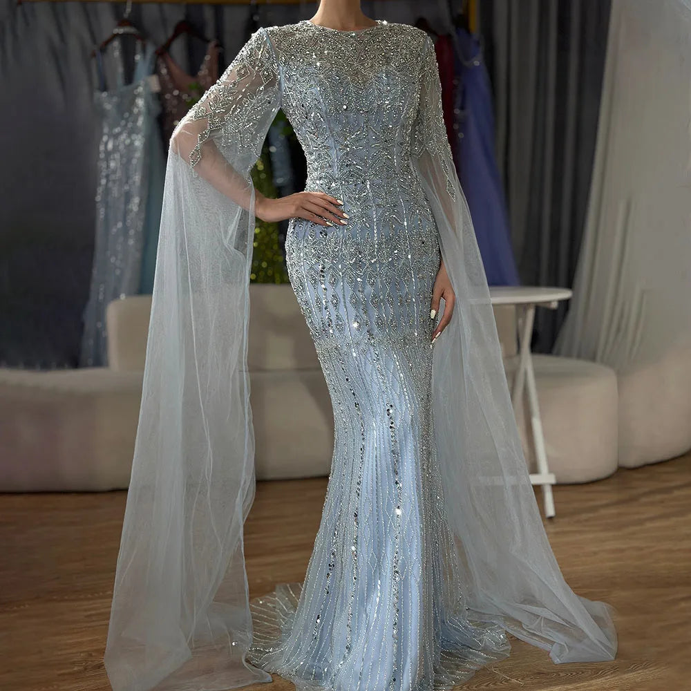 Luxury Dubai Saudi Arabia Caramel Mermaid Evening Gown with Elegant Cape Sleeves & Beaded Details - Formal Dresses for Weddings, Galas & Special Occasions