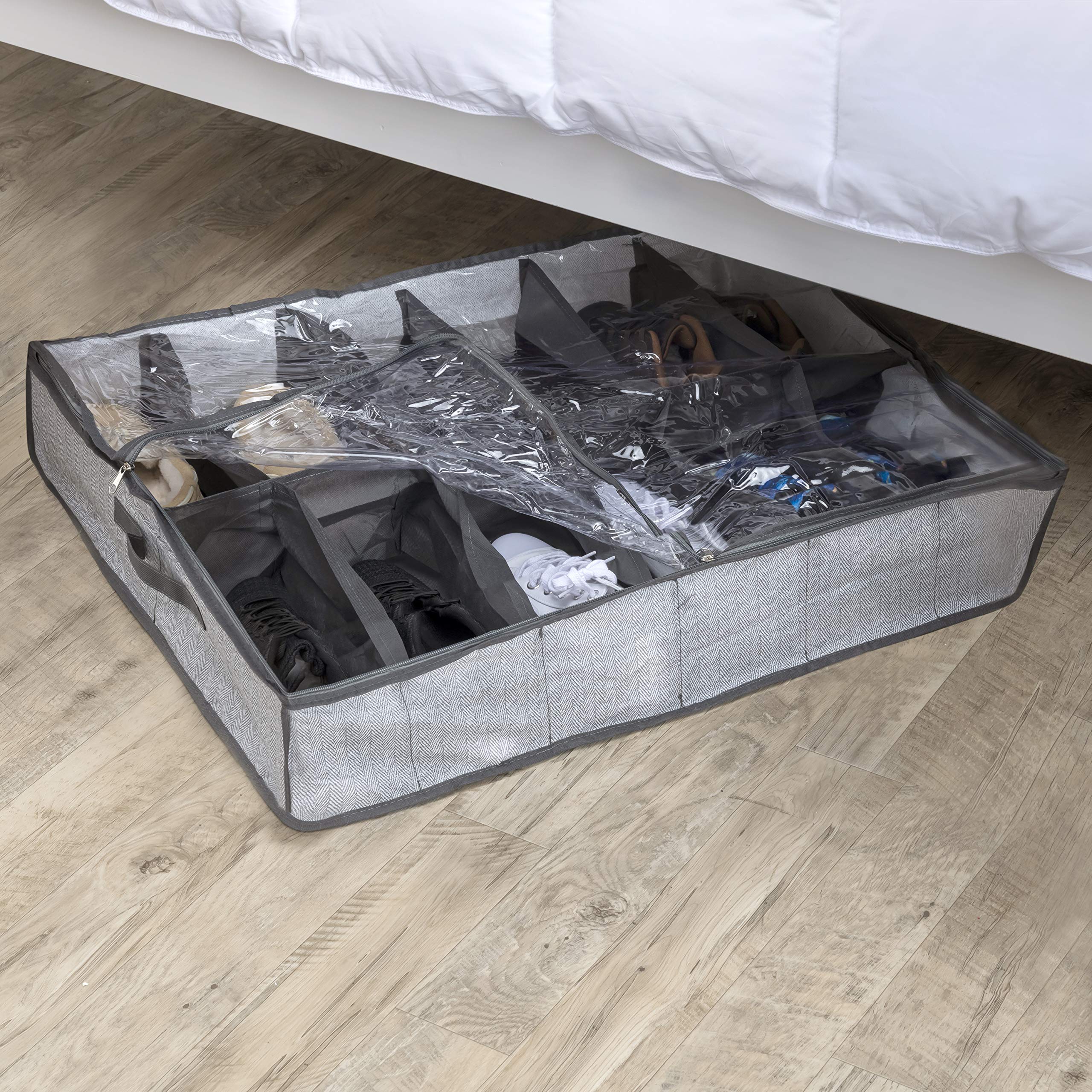 Home Basics Herringbone Closet Storage Organizer - 1-Pack Under Bed Shoe Storage Box with Lid for Bedroom, Closet & Dorm Organization - Perfect for Shoes, Clothes & Seasonal Items Storage