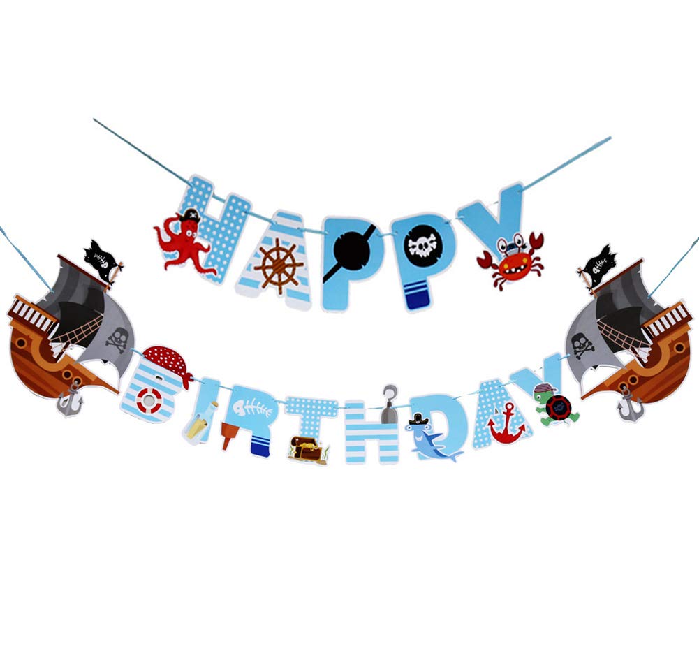 Pirate Birthday Banner Decorations - Pirate Party Supplies for Kids, Boys & Girls - Happy Birthday Banner for 1st, 2nd, 3rd, 4th Birthday & Baby Shower - Perfect for Pirate Themed Parties, Classroom Decor & Photo Backdrops