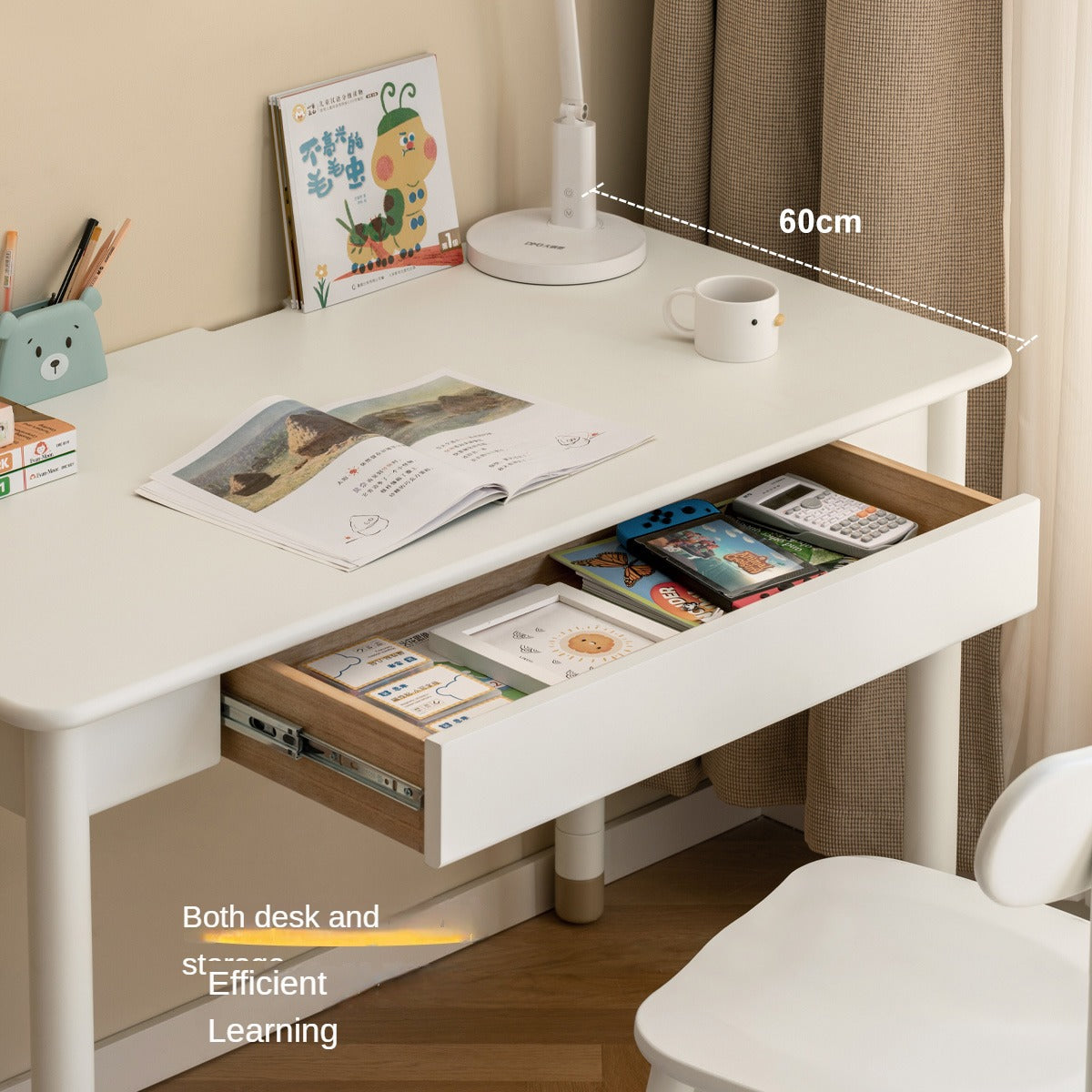 Solid Poplar Wood Kids Height-Adjustable Learning Desk with Cream Drawer - Perfect for Homeschooling, Online Classes & Study Room Organization