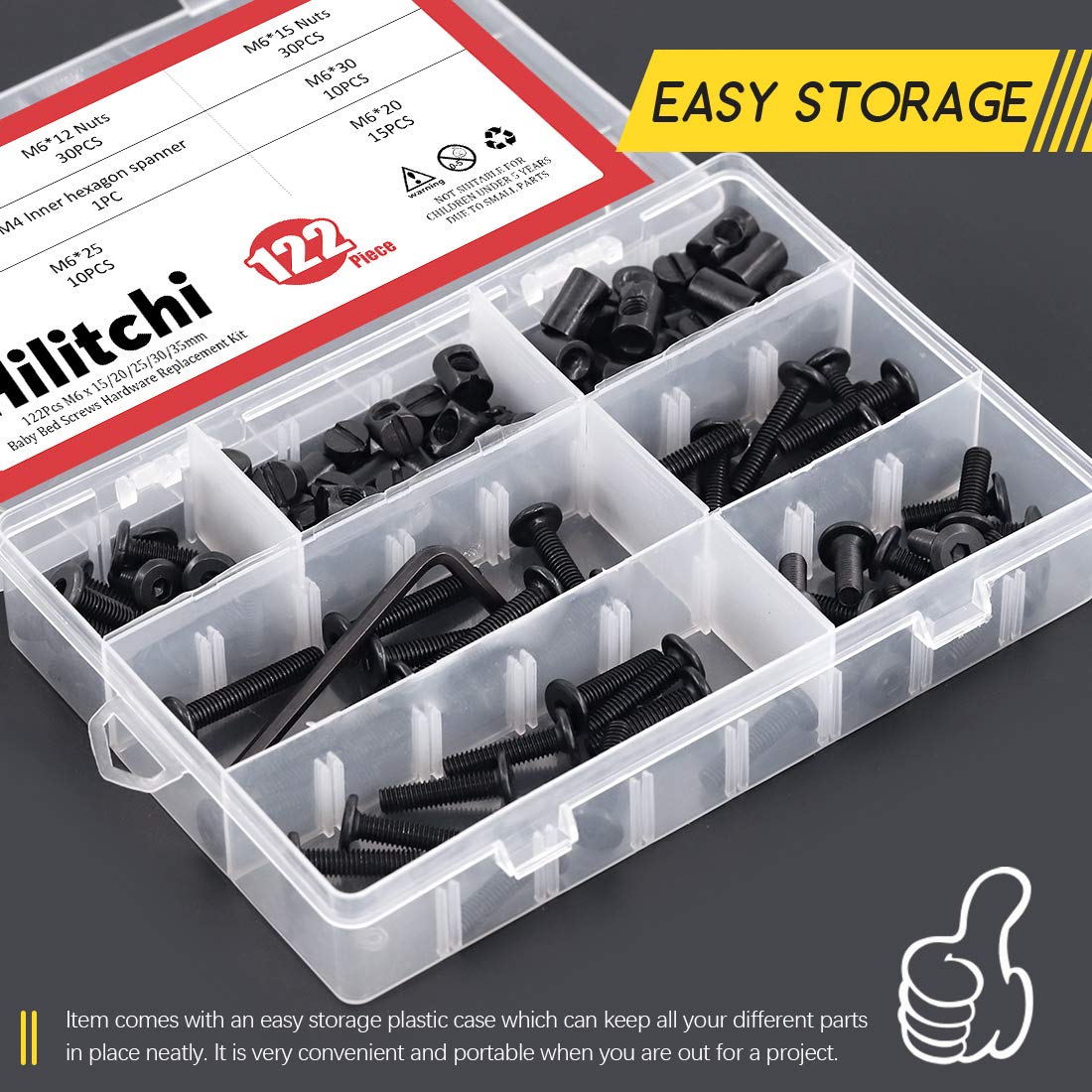 Hilitchi M6 120Pcs Black Hex Screws Bolts Kit for Baby Crib & Furniture (15-35mm) - DIY Assembly & Repair