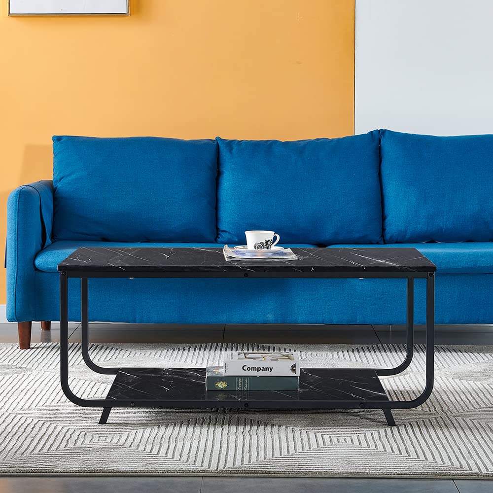 2-Tier Modern Coffee Table with Metal Frame & Marble Print Surface - End Table, Side Table, Sofa Table with Storage Shelf for Living Room, Bedroom, Home Office - Perfect for Snacks, Books & Decor
