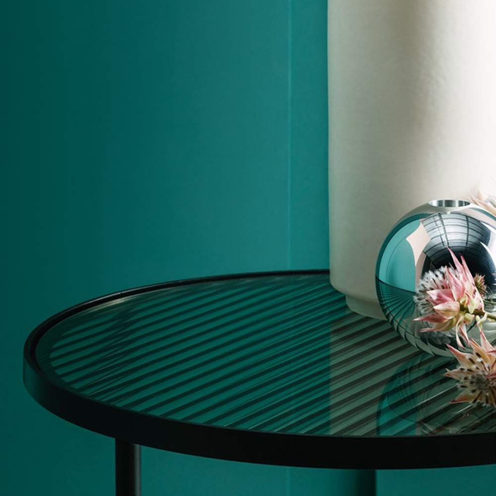 Round Glass Side Table - 36.5x36.5x47.5cm Wrought Iron Marble Base End Table, Nightstand or Sofa Accent Table in Black - Perfect for Living Room, Bedroom or Office Decor