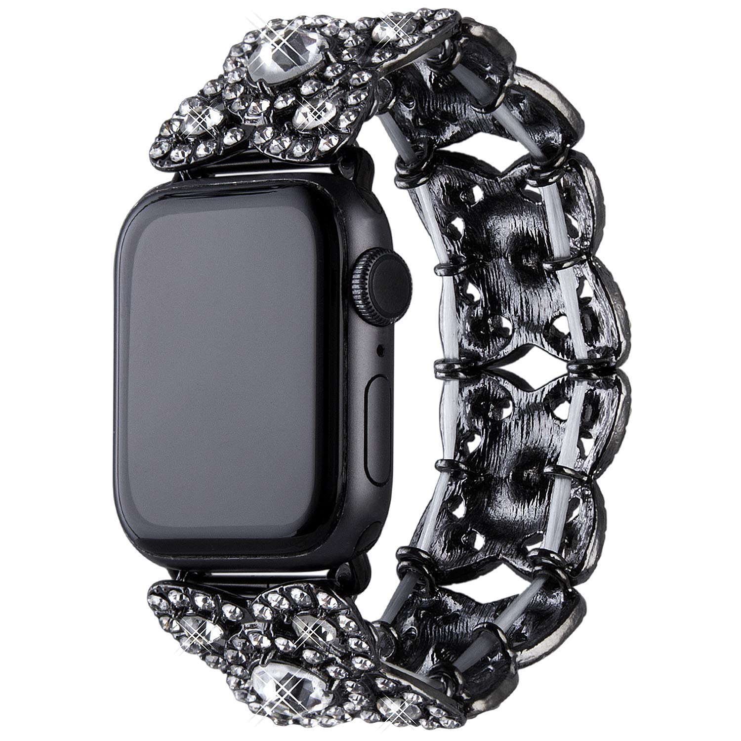 Apple Watch Bands Compatible with Ultra/Series 8/7/6/5/4/3/2/1/SE - 49mm 45mm 44mm 42mm 41mm 40mm 38mm - Rhinestone Metal Charm Bracelet Straps for Women - Elegant Stretchy Dressy Bands for Work, Party & Daily Wear