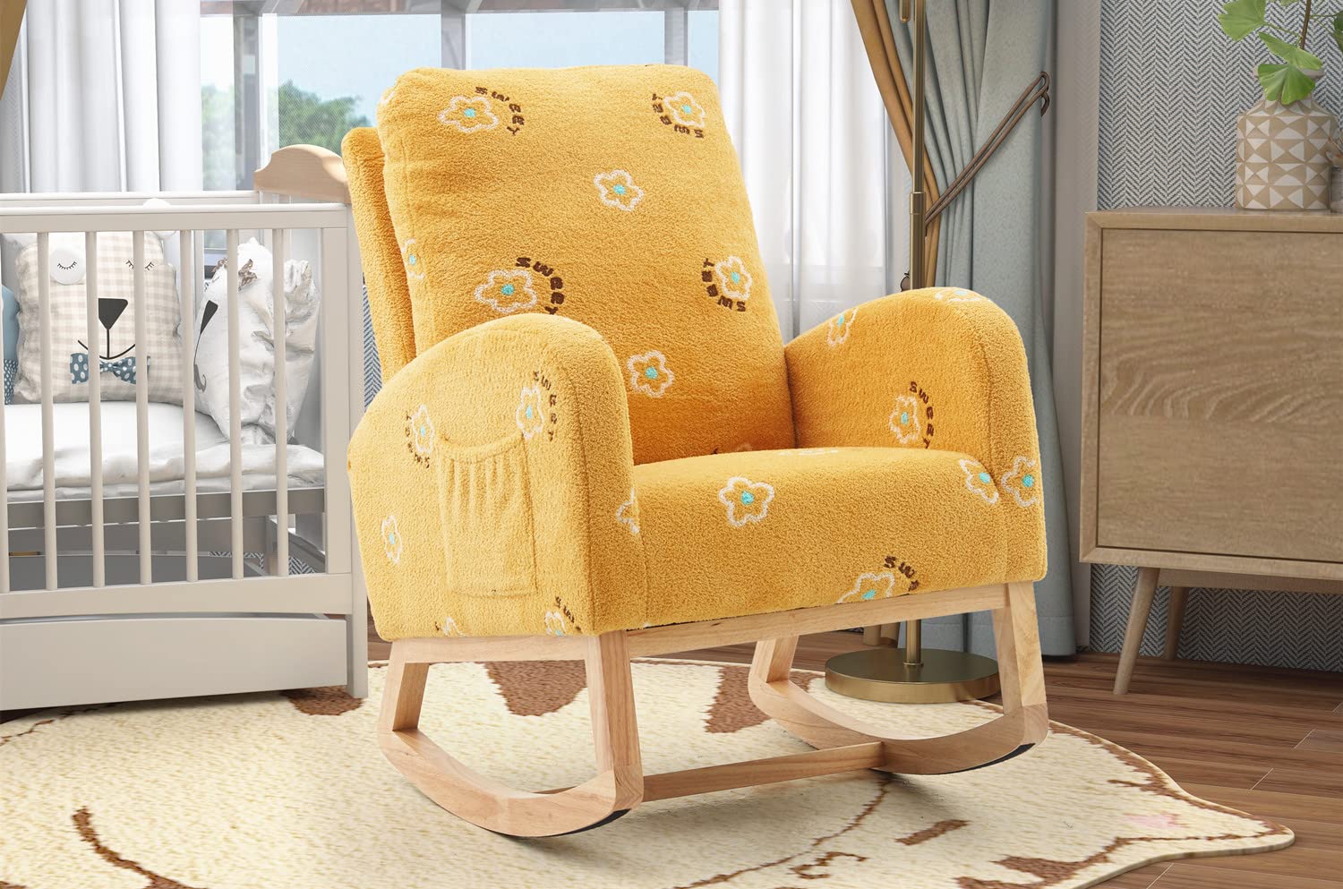 Modern Mid Century Upholstered Glider Rocker Chair - Nursery Accent Armchair with High Back & Side Pocket - Comfortable Wooden Rocking Chair for Baby Room, Living Room & Bedroom - Perfect for Nursing, Reading & Relaxing