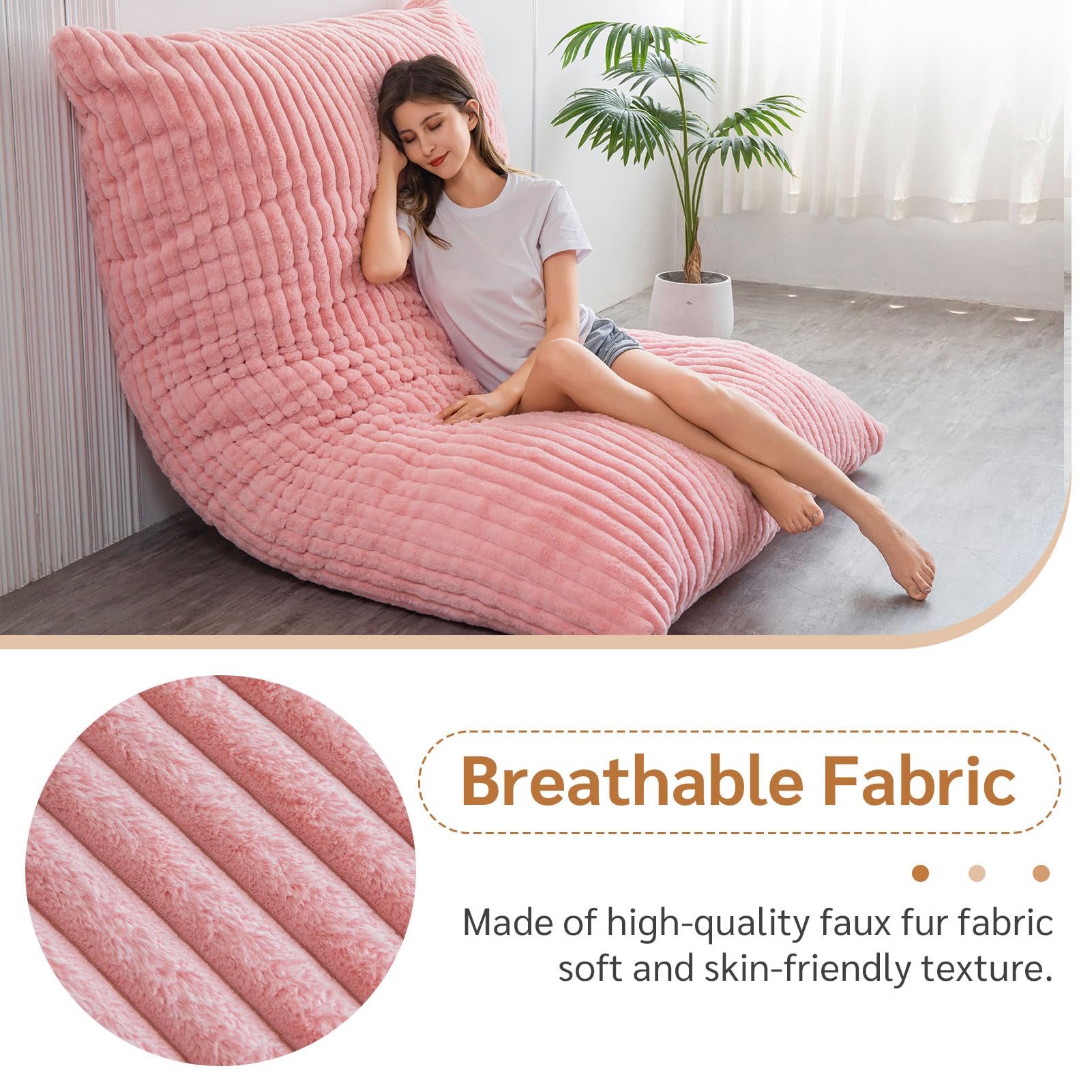 MAXYOYO 3-in-1 Convertible Bean Bag Chair - Soft Striped Faux Fur Large Floor Pillow for Kids & Adults - Pink - Perfect for Bedroom, Living Room & Dorm Room Relaxation