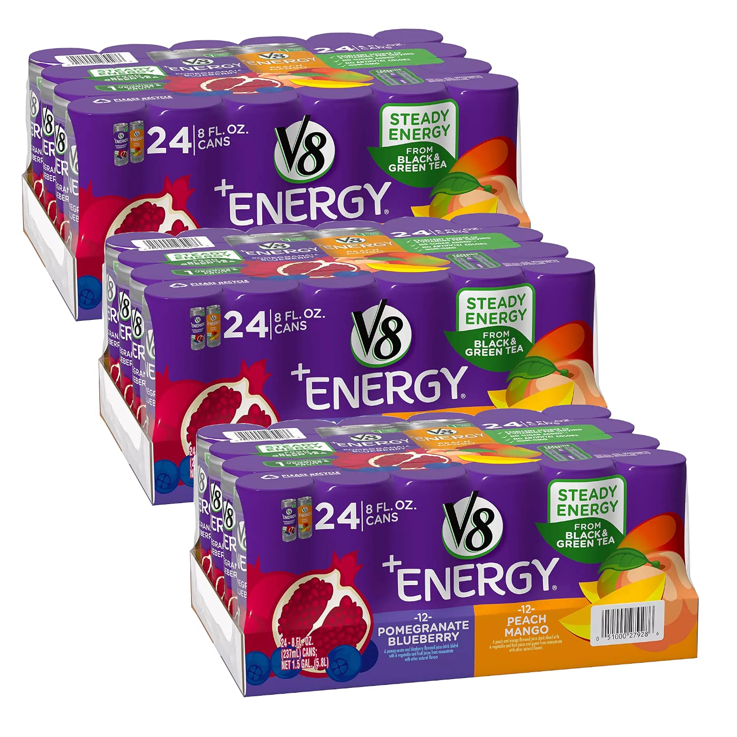 V8 +Energy Variety Pack - 3 Boxes (8oz, 24pk Each) | Pomegranate Blueberry & Peach Mango Flavored Energy Drinks | Natural Boost for Workouts, Office & Outdoor Activities | Supports Donate a Meal Program