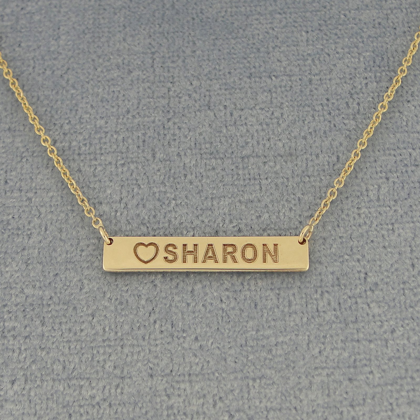 7/8 Inch Solid 14K Yellow or White Gold Tiny Horizontal Bar Necklace - Personalized Name & Heart Engraved - Perfect for Anniversaries, Birthdays & Everyday Elegance