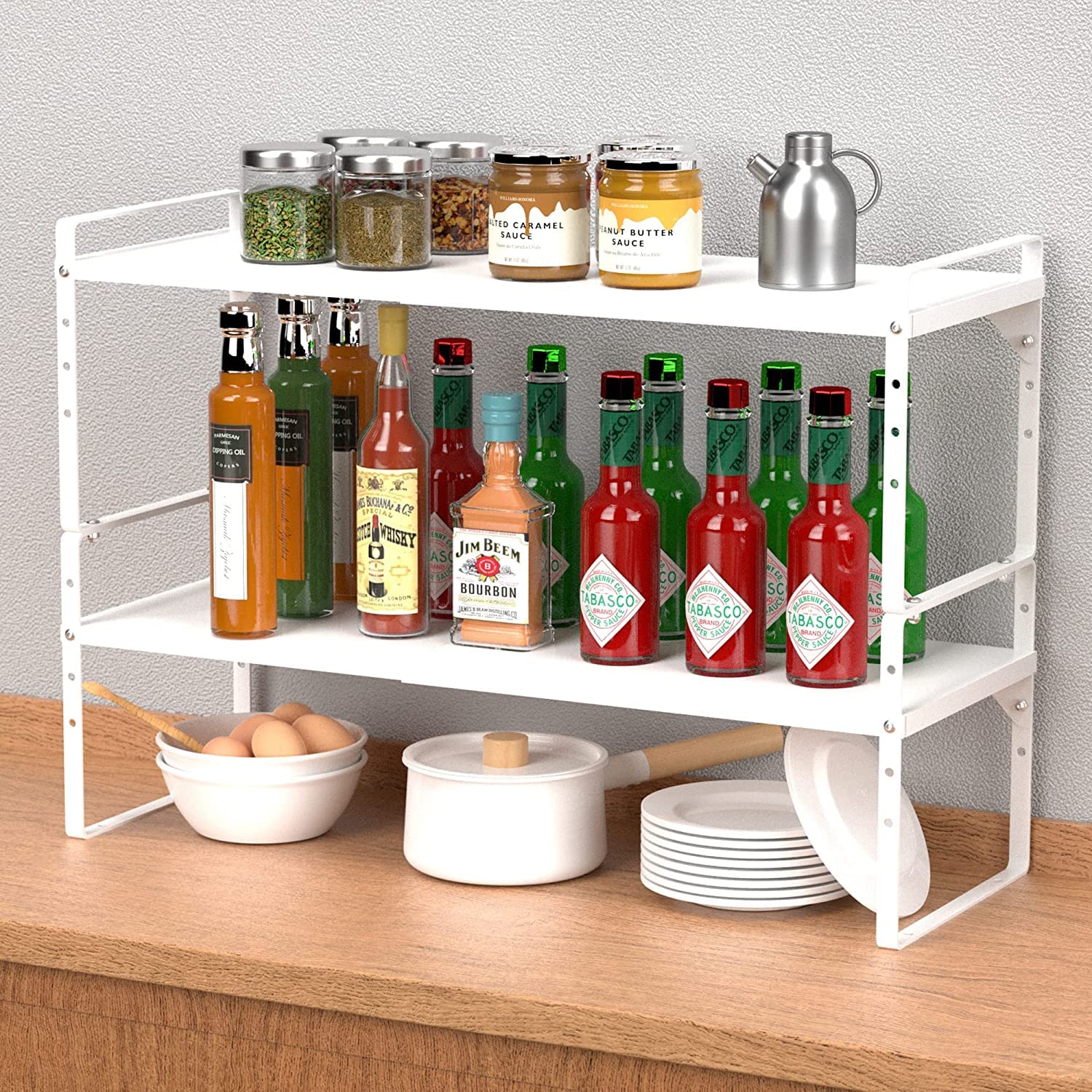 Expandable Kitchen Cabinet Shelf Organizers 2 Pack - Stackable Metal Pantry Storage Rack, Adjustable Counter Shelf for Cabinets & Countertops - Space Saving Cupboard Organizers for Spices, Cans & Kitchen Supplies (White) - Perfect for Small Kitchens & Pantry Organization