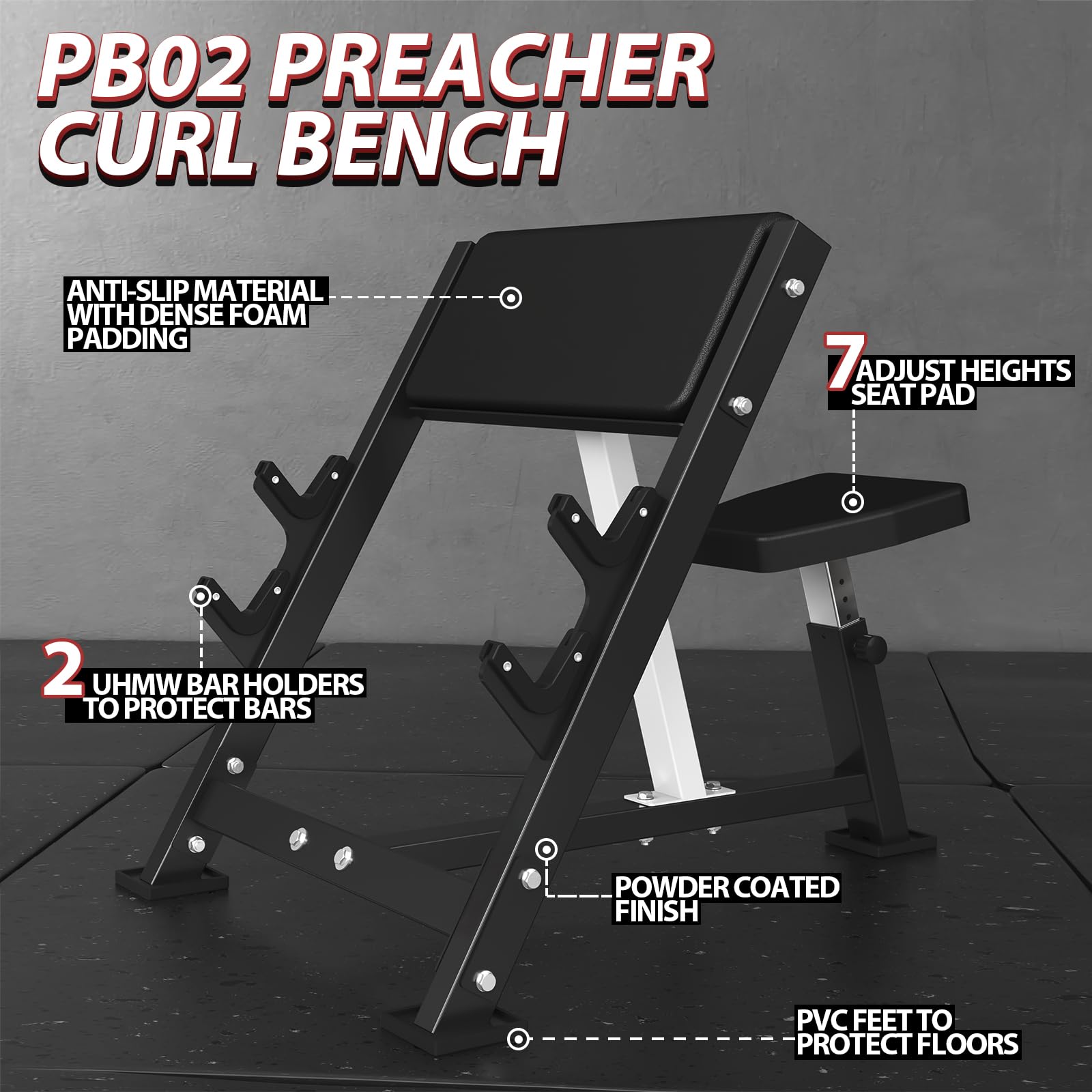 Mikolo Preacher Curl Bench - Adjustable Seated Arm Isolation Bicep Curl Machine with 2 Barbell Holders for Dumbbells | Home Gym Equipment for Strength Training & Muscle Building