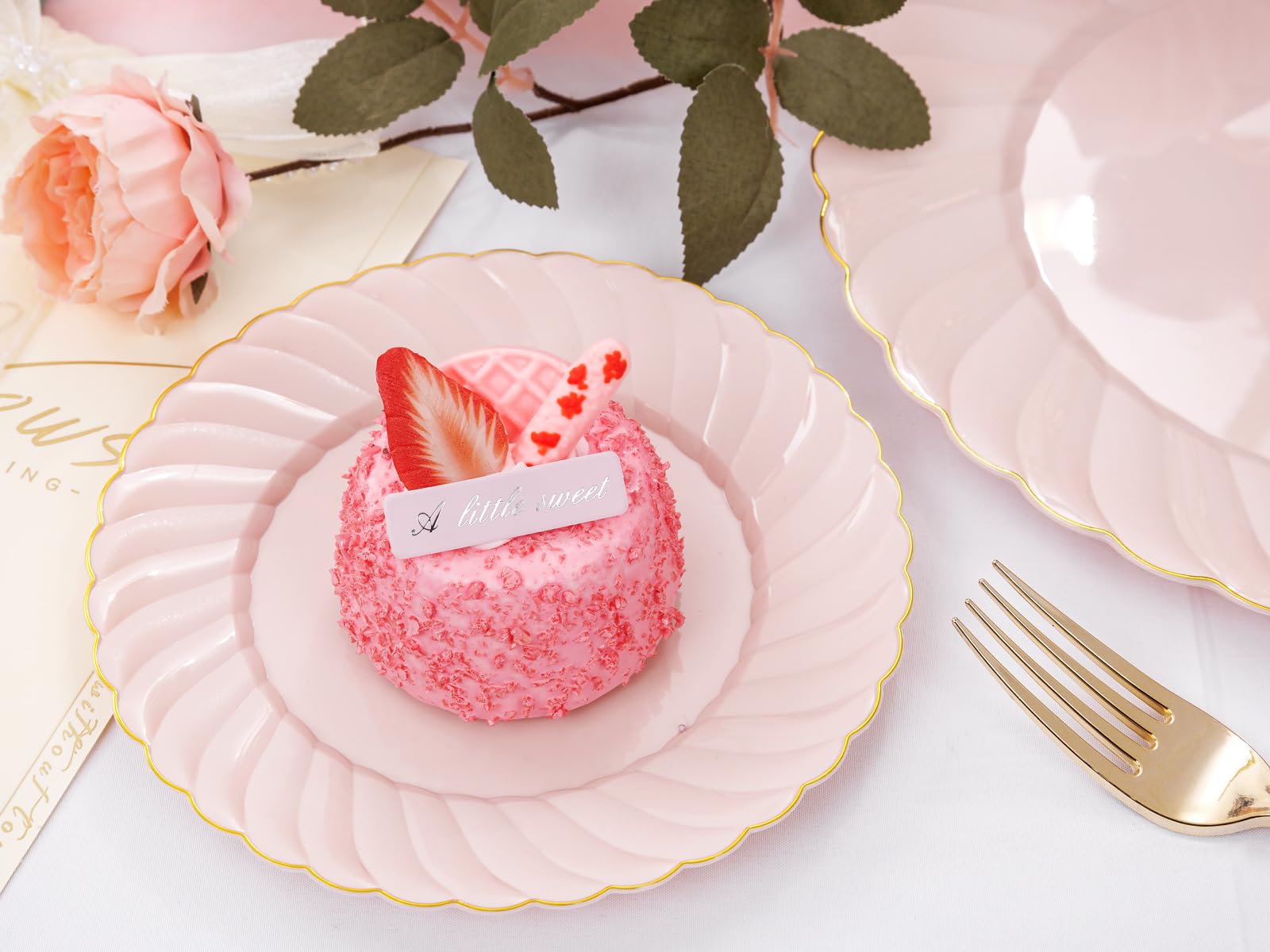 125-Piece Pink Plastic Dinnerware Set with Gold Rim - Includes 25 Dinner Plates, 25 Dessert Plates & 75 Gold Plastic Cutlery for Weddings, Birthdays, Parties & Special Events - Elegant Disposable Tableware for Catering, Picnics & Outdoor Gatherings