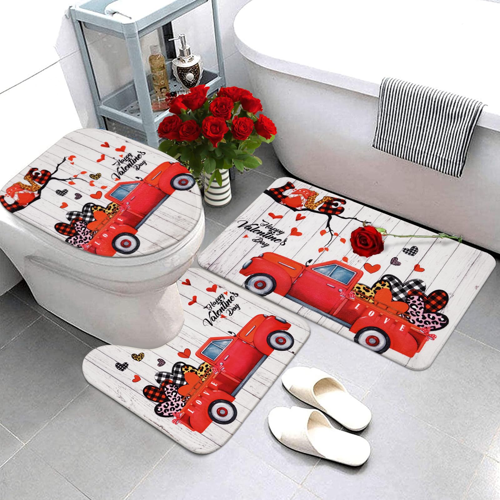 Valentine's Day Shower Curtain Set with Bath Rug - Red Truck Gnome Design Romantic Bathroom Decor for Couples | Perfect for Valentine's Bathroom Makeover, Anniversary Gift & Love-Themed Home Decor