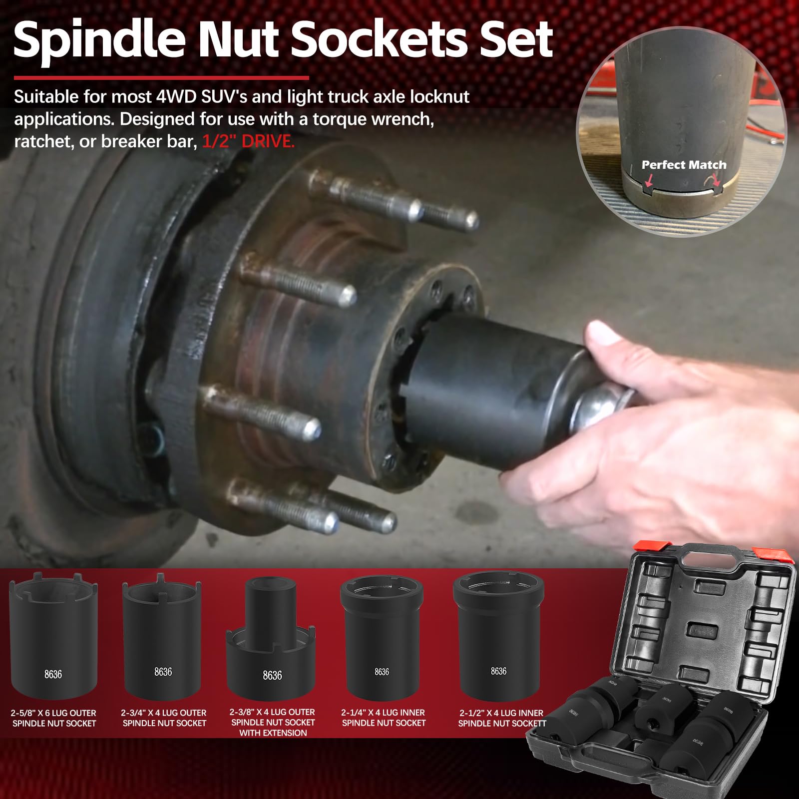 5-Piece Spindle Nut Socket Tool Kit - 1/2