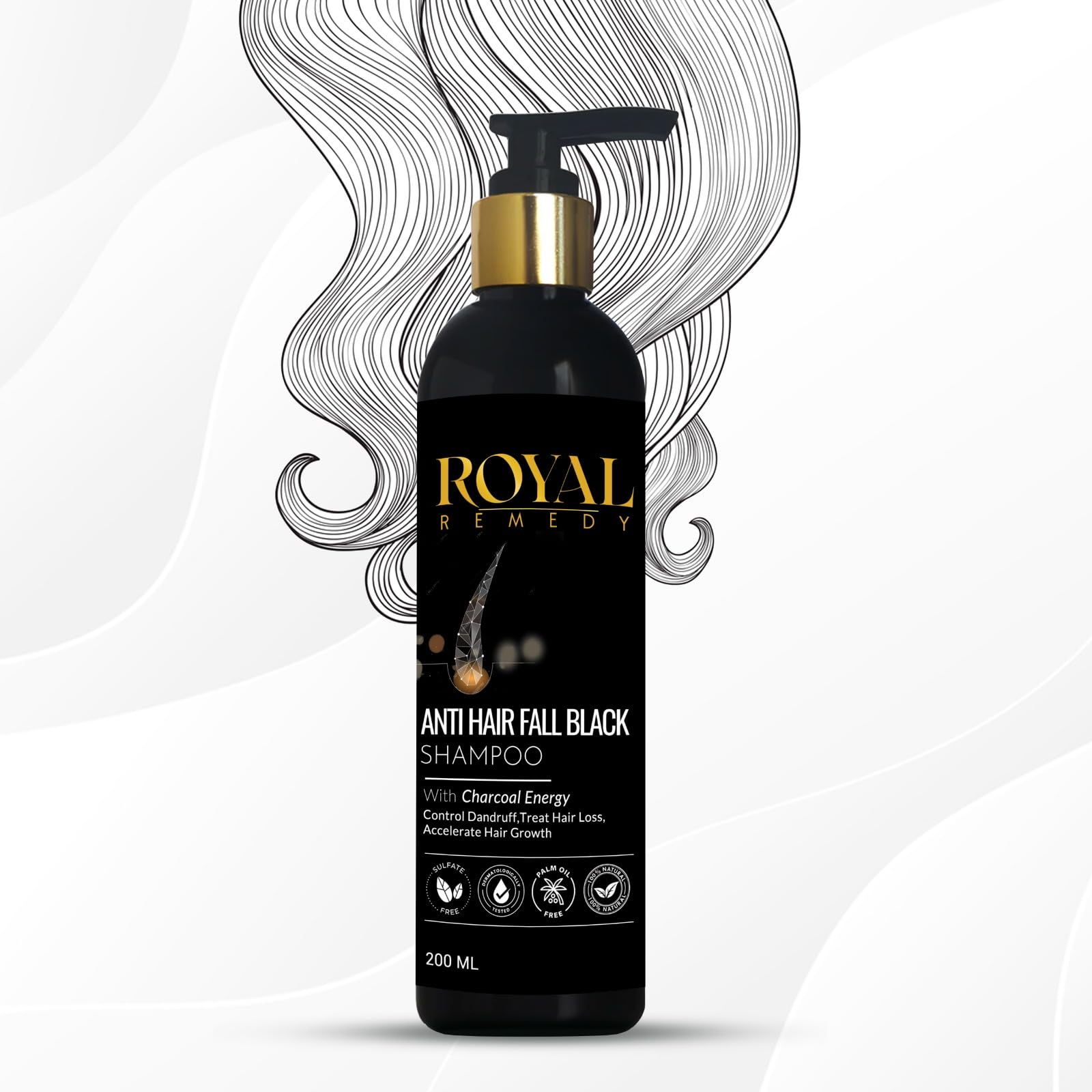 Royal Remedy Anti-Hair Fall Charcoal Shampoo - Black & Energy Formula for Dandruff Control, Hair Loss Treatment & Faster Growth with Plant Keratin | 200ml for Men & Women | Daily Use for Stronger, Healthier Hair at Home & Salon