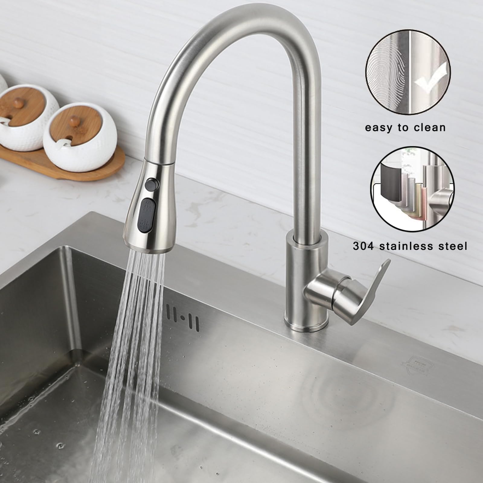 LKUWEE 360° Swivel Pullout Kitchen Faucet, Stainless Steel Brushed Nickel, Hot and Cold Water Tap with 2 Hoses, Ideal for Modern Home Kitchens