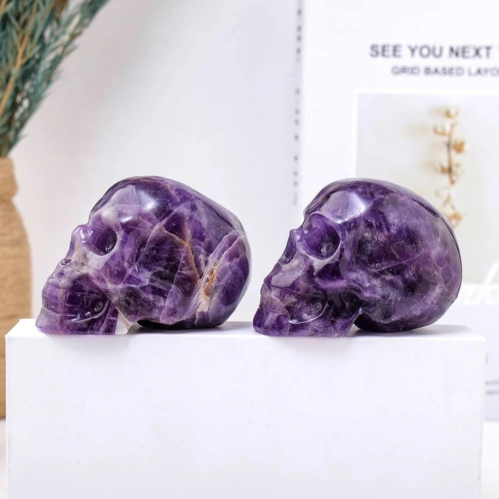 Hand Carved Natural Amethyst Crystal Skull Statue - Feng Shui Healing Decor, Reiki Energy Stone, Unique Home & Desk Ornament - Perfect for Meditation Spaces, Spiritual Gifts & Crystal Collections