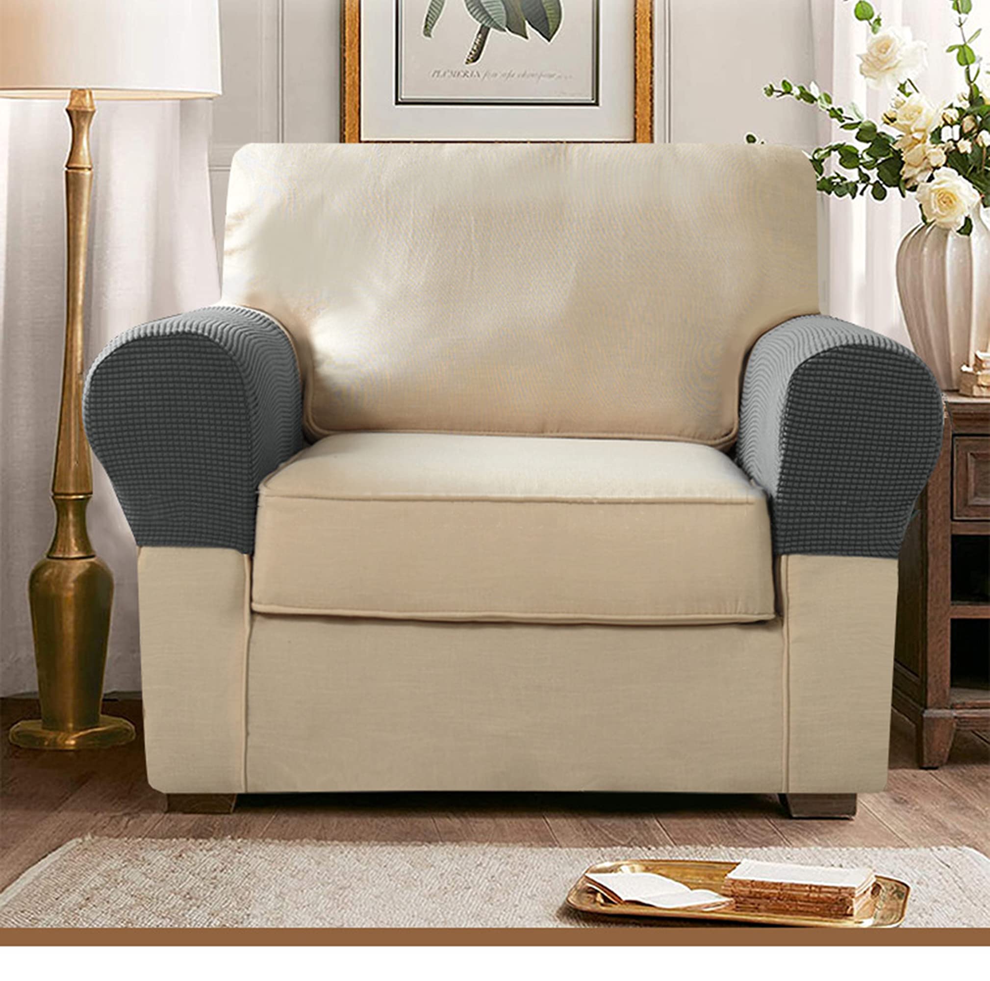 4-Pack Stretch Armchair Covers - Spandex Slip-Resistant Armrest Protectors for Sofa, Recliner & Couches (Beige) | Home Decor, Living Room Furniture Protection