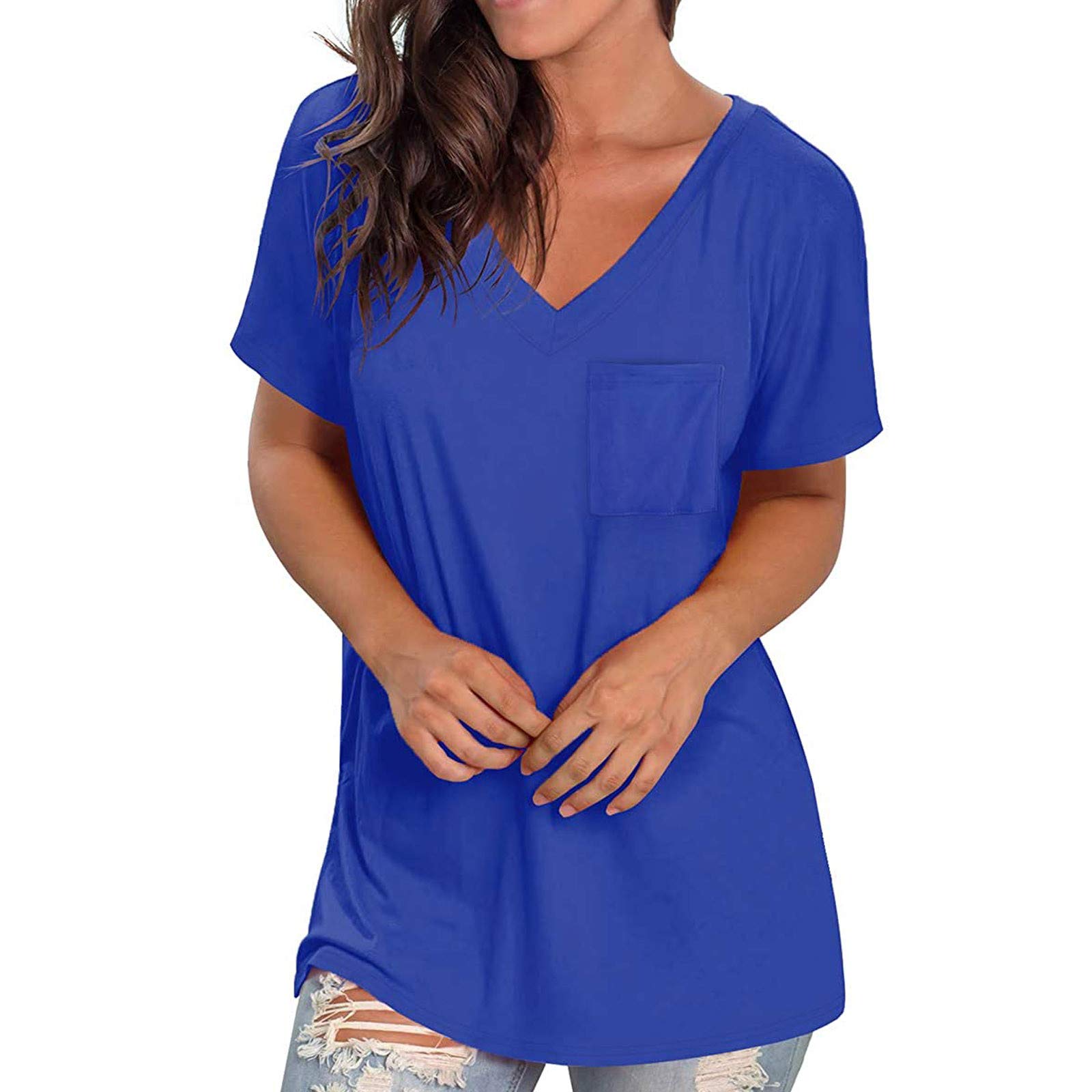 Women's Summer Short Sleeve V-Neck Tunic Top with Side Pocket & Split - Casual Going Out Blouse for Beach, Travel & Everyday Wear