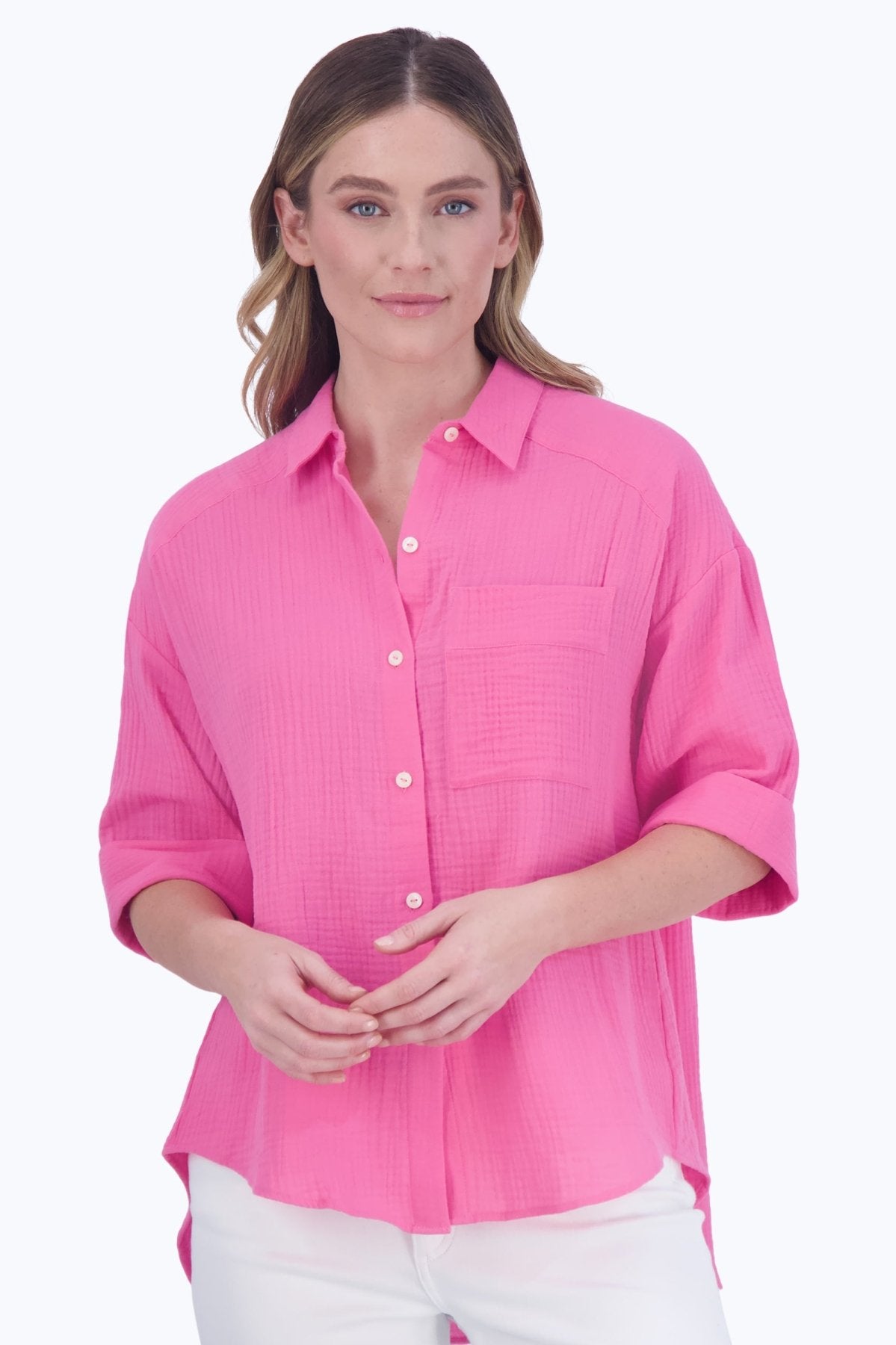Joanna Women's Cotton Gauze 3/4 Sleeve Tunic Top - Soft Breathable Loose Fit Blouse for Casual Wear & Summer Outfits
