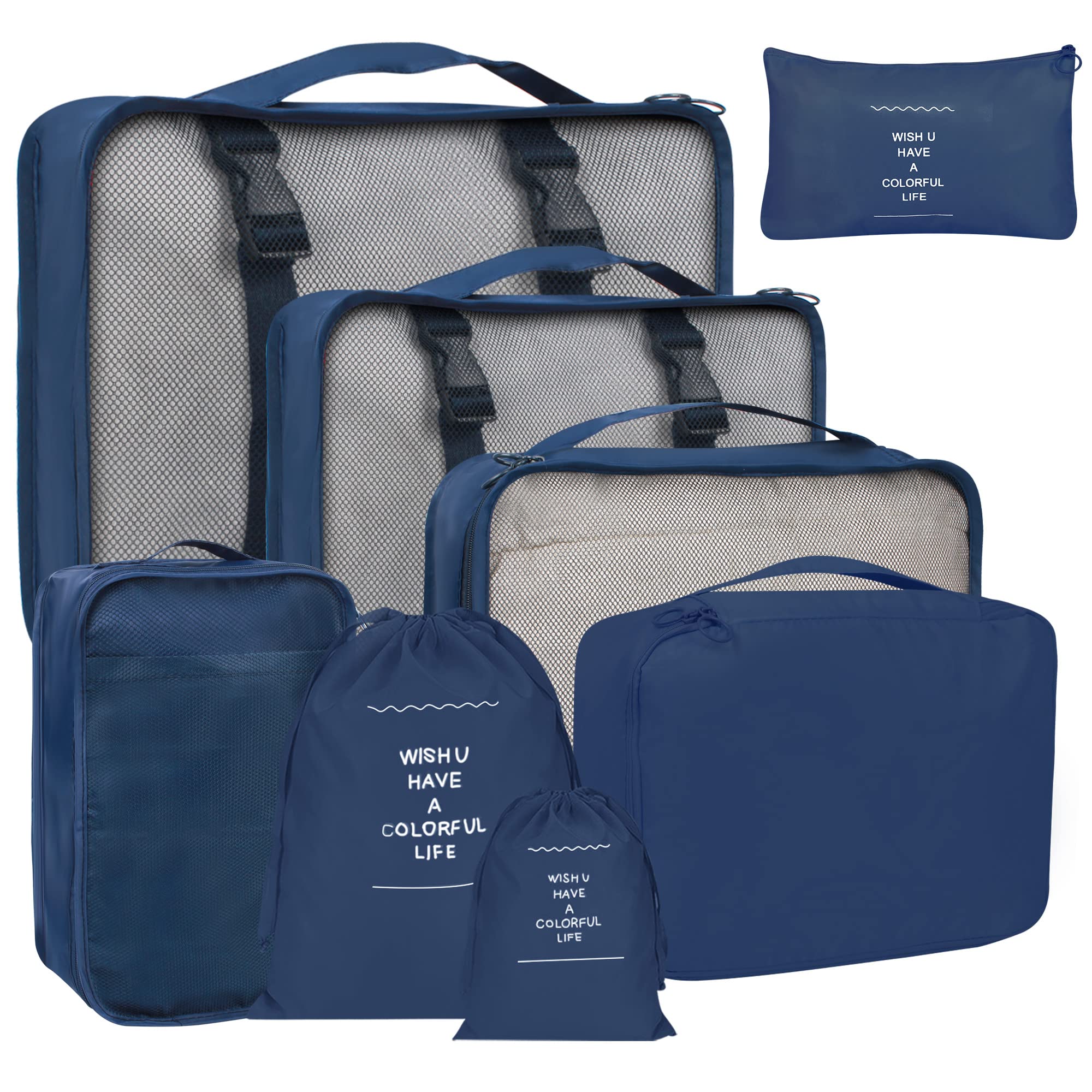 8-Piece Packing Cubes Set for Suitcases - Navy Blue Travel Luggage Organizer with Laundry Bag, Compression Storage & Shoe Bag - Perfect for Men & Women Travel Organization (Ideal for Business Trips, Vacations & Weekend Getaways)
