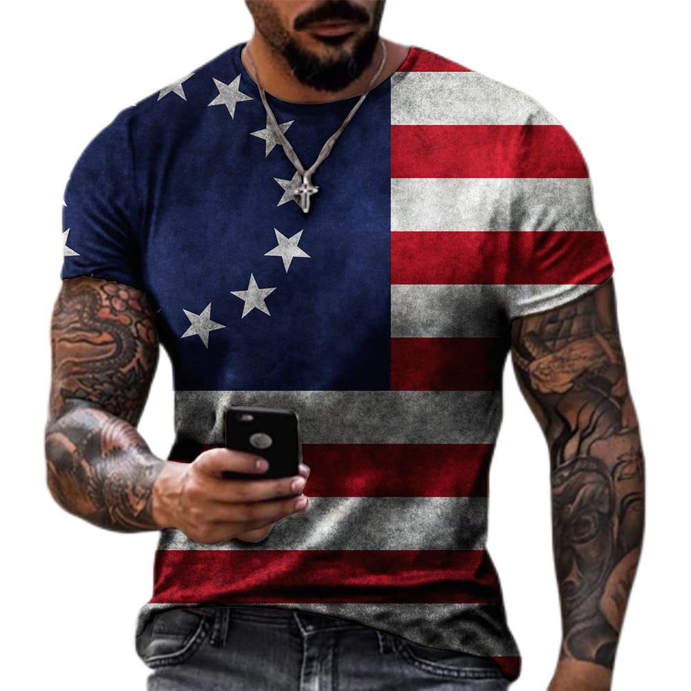 American Flag 3D Printed Men's T-Shirt - Short Sleeve Crew Neck Casual Tee for Summer - Patriotic Graphic Shirt for 4th of July, BBQ & Outdoor Activities