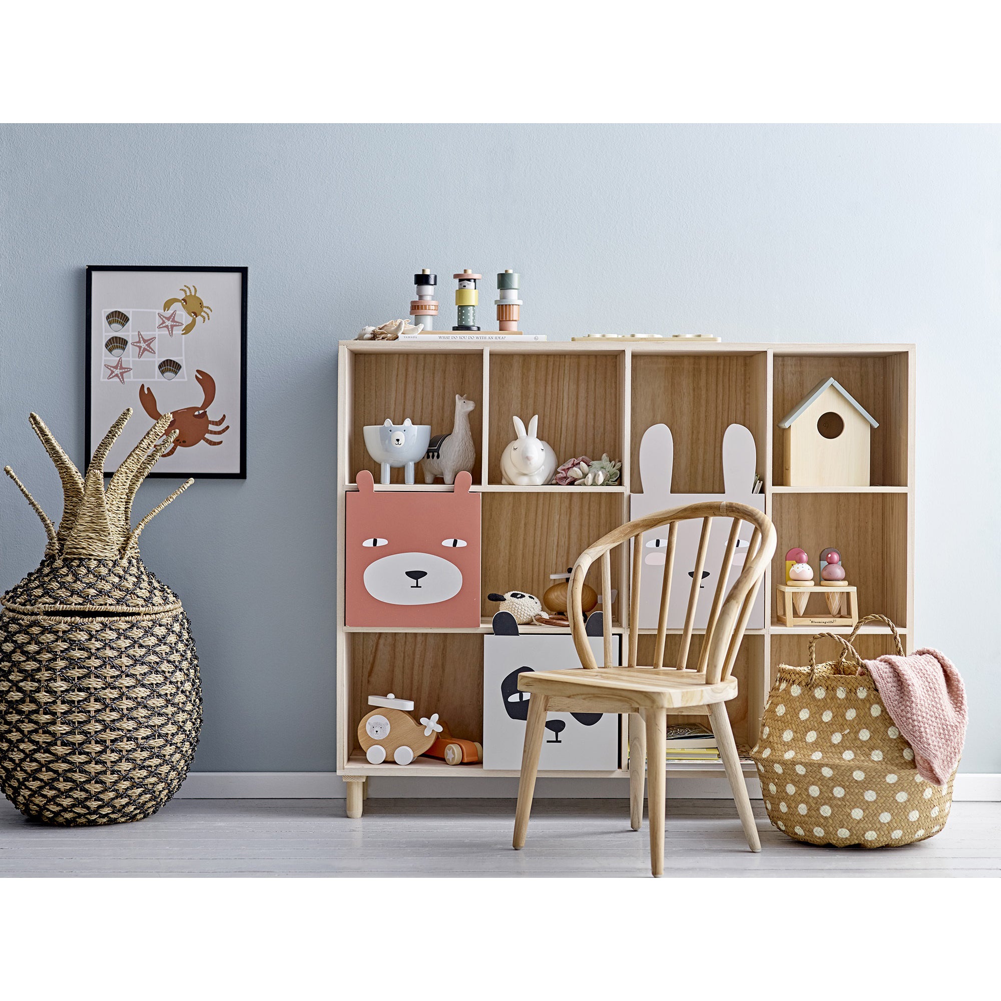 Bloomingville Grey Bookcase with Animal Drawers - Stylish Kids Room Storage & Nursery Bookshelf Organizer for Bedroom or Playroom Decor