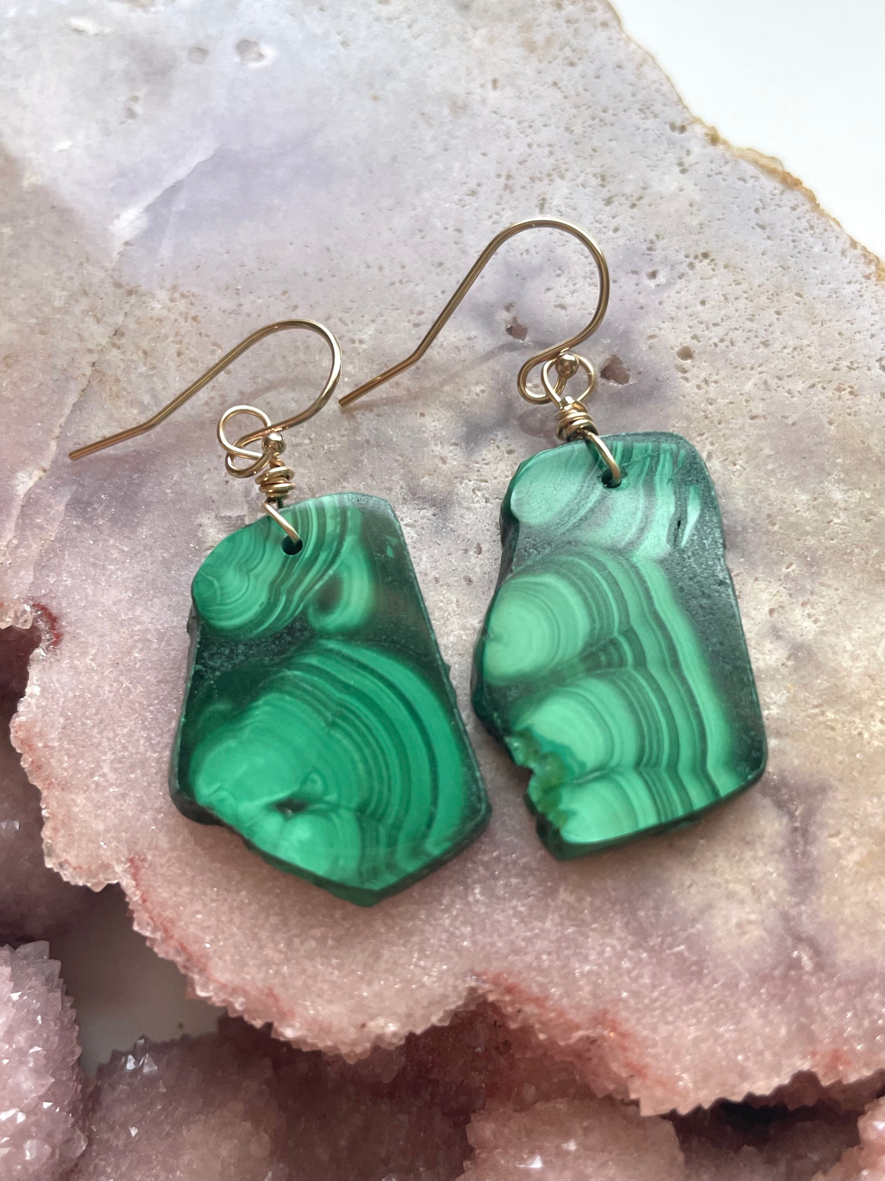 14kt Gold Filled Malachite Crystal Dangle Earrings | Healing Stone Jewelry for Women, Boho Chic Accessories for Everyday Wear & Special Occasions