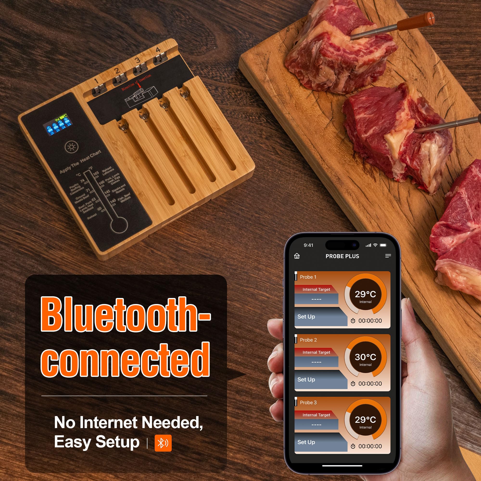 Premium 4-Probe Wireless Meat Thermometer for BBQ, Grilling & Oven Cooking - Bluetooth Smart Food Thermometer with iOS/Android App, Apple Watch & Alexa Compatibility - Dishwasher Safe - Perfect for Backyard BBQs, Smoking Meats & Holiday Roasts