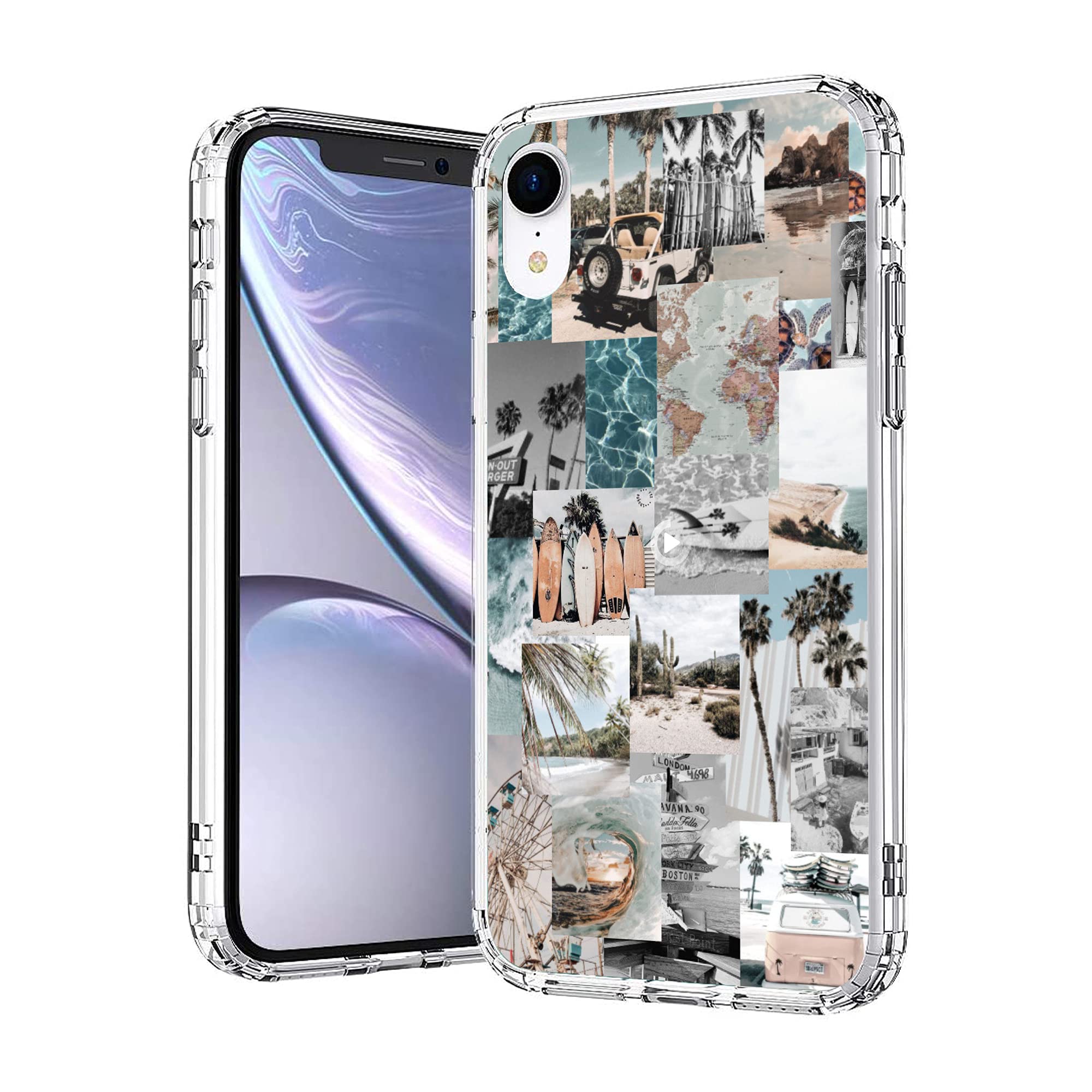 Vintage Blue Aesthetic Collage Phone Case for iPhone XR - Clear Shockproof Protective Cover with Beach Sunset Summer Surfing Design | Perfect for Women, Girls, Vacation & Everyday Use