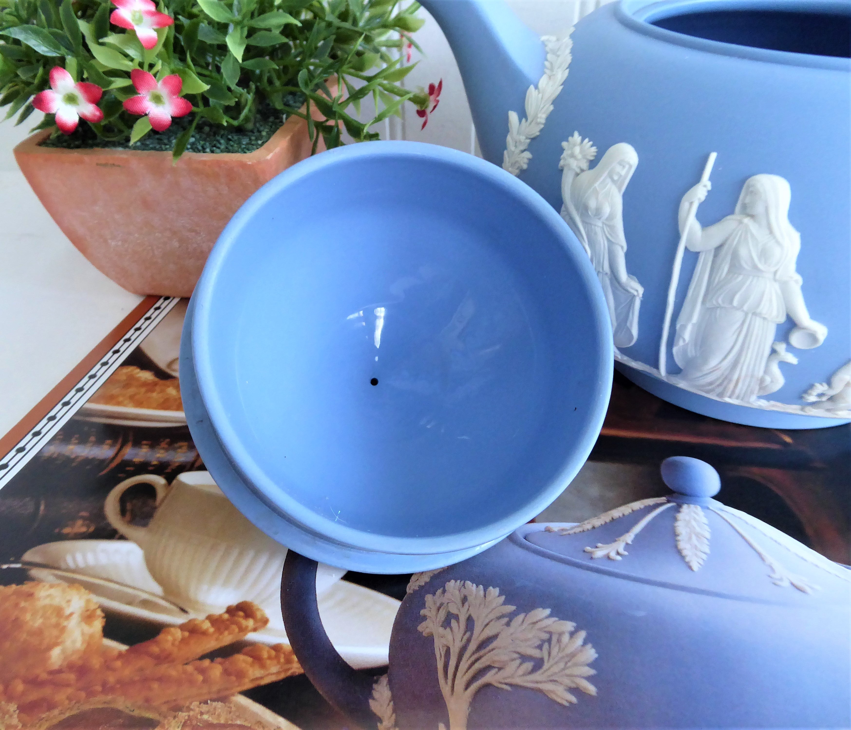 Vintage Wedgwood Blue Jasperware Teapot 1953 - Large Ceres Offering To Peace Design - 6 Cup Capacity - Perfect for Afternoon Tea & Collectible Display