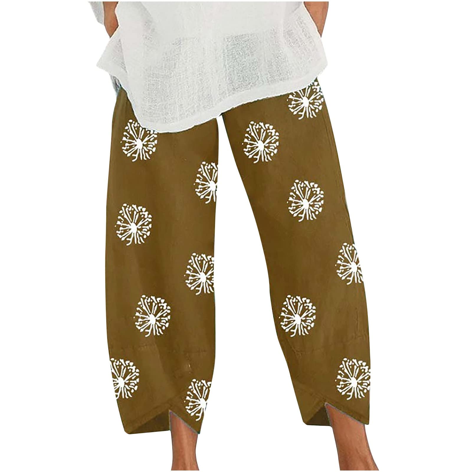 Women's Linen Pants - Dandelion Print Summer Wide Leg Trousers with Pockets | Casual Loose Fit Long Pants for Beach, Vacation & Boho Style Outfits