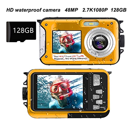 48MP Waterproof Digital Camera with 2.7K FHD Video & 16x Zoom - 10ft Underwater Camera with Dual Screens for Selfie - Ideal for Snorkeling, Swimming, Beach Vacations & Outdoor Adventures (Yellow)